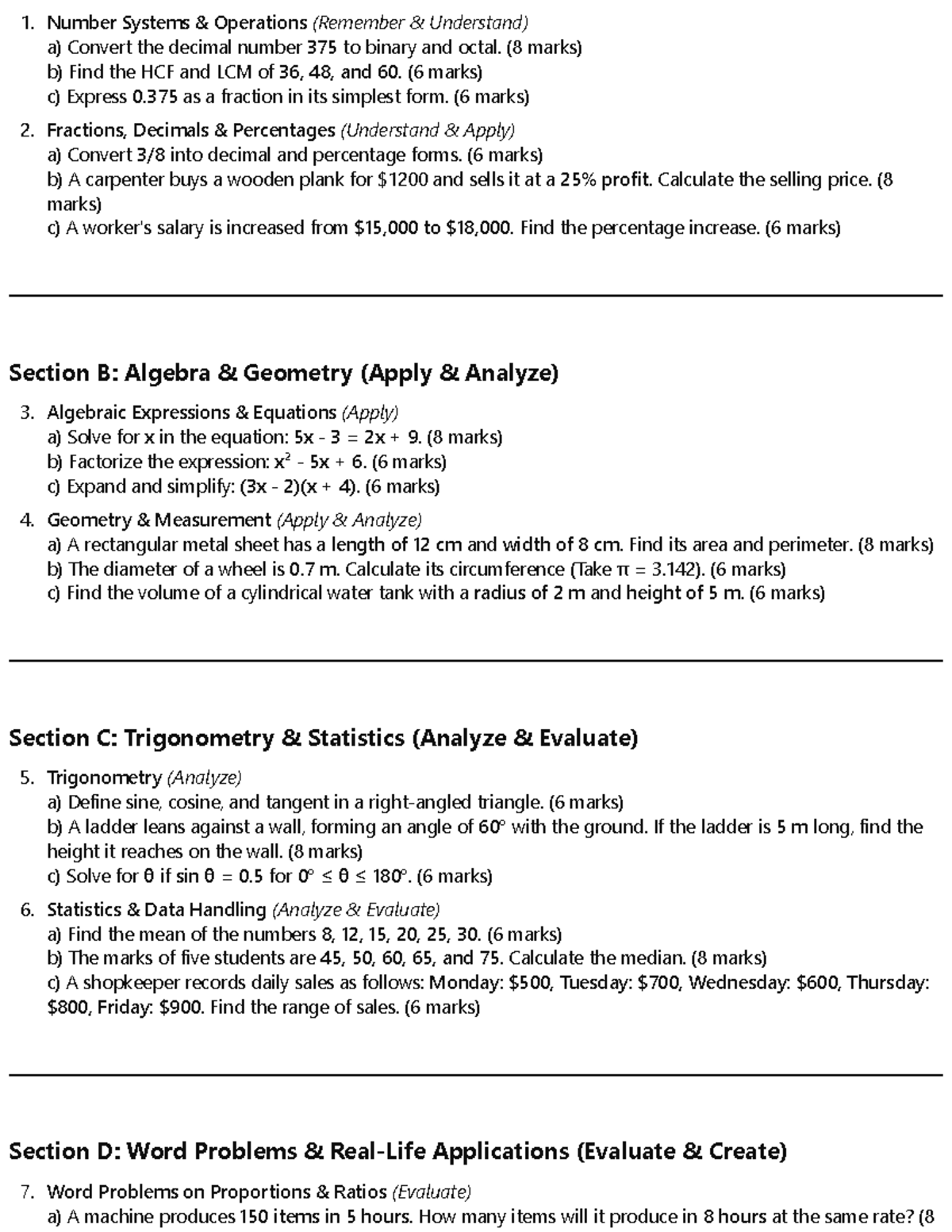 Maths for Artisan - Sample Questions for Revision and Practice - Studocu