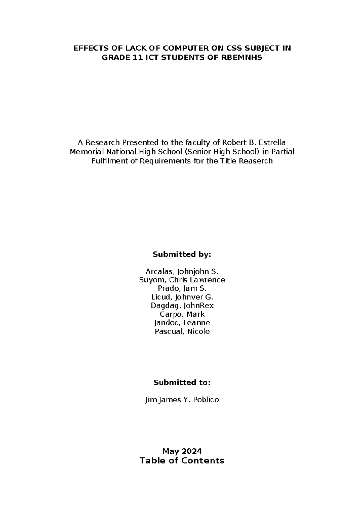 Effects of Lack of Computers on CSS Subject of Grade 11 ICT Students at ...