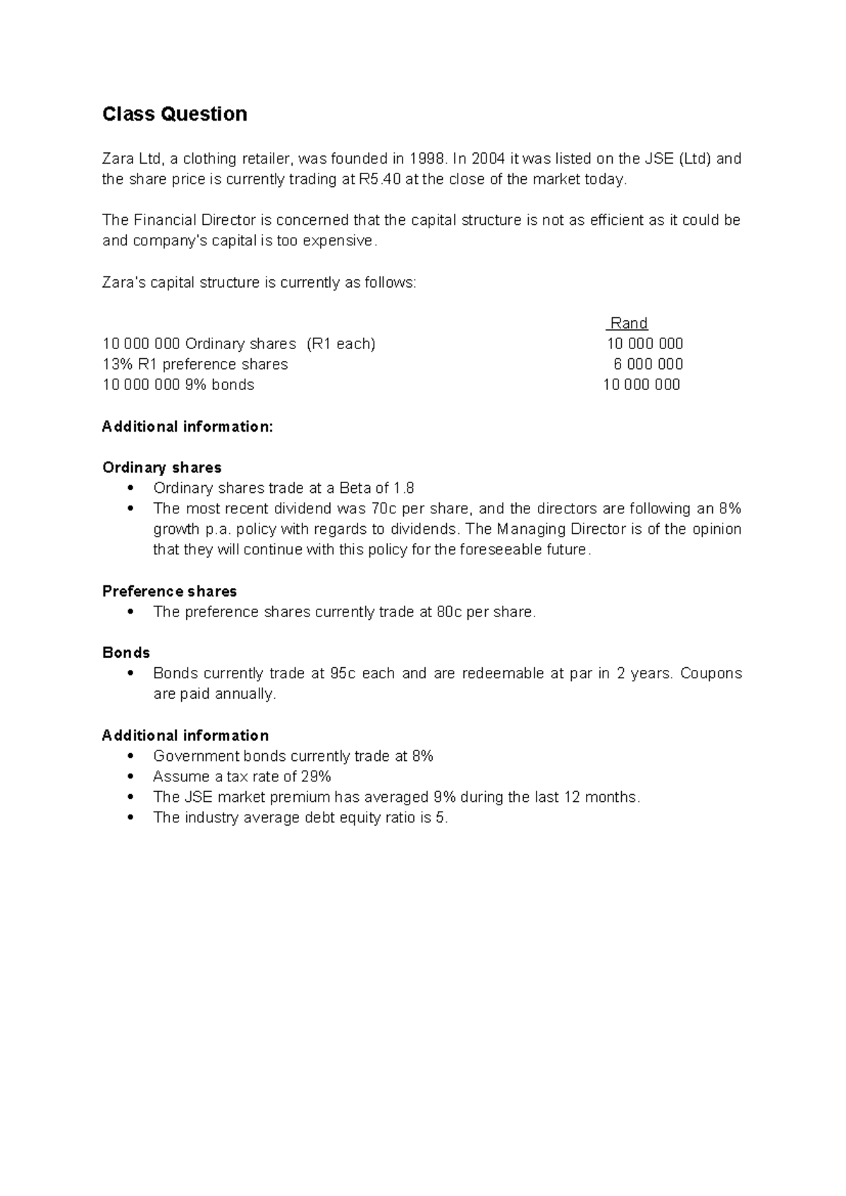 Zara Ltd WACC Calculation - Practice Question Analysis - Studocu