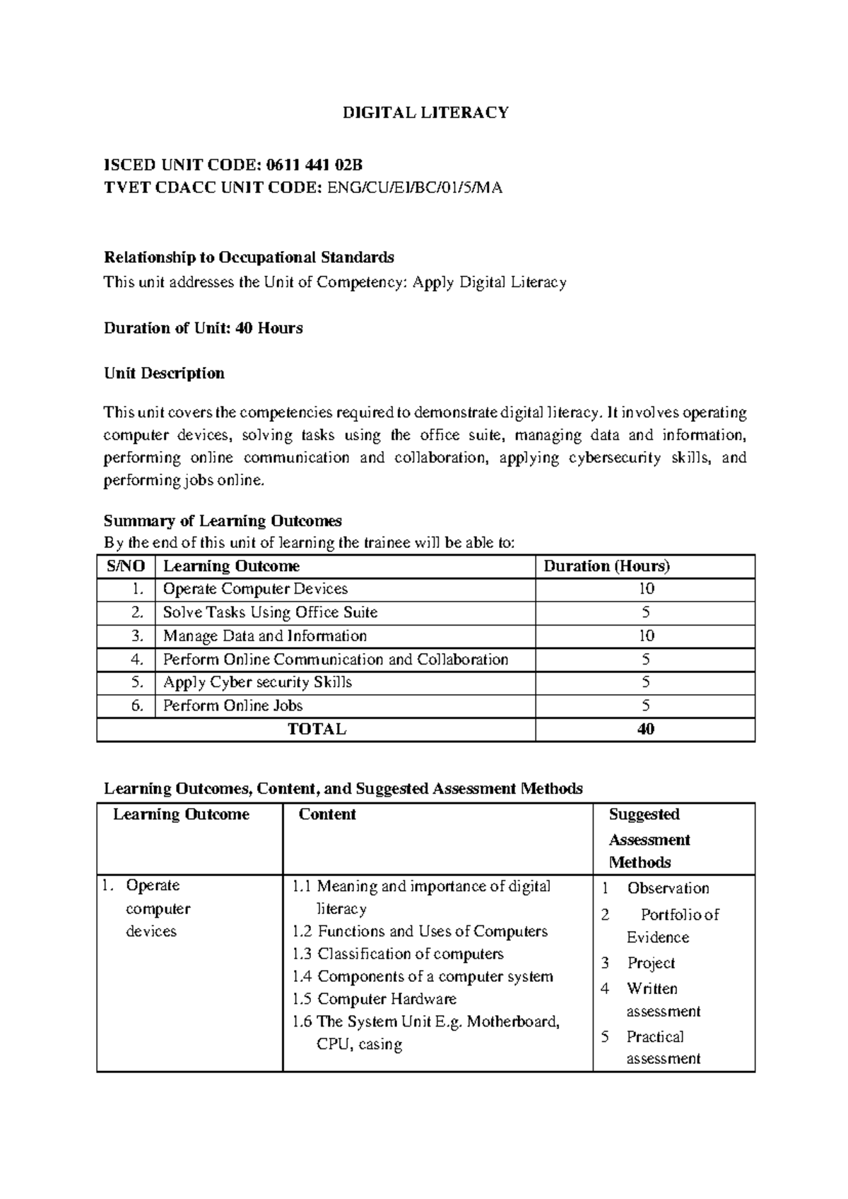 Digital Literacy Curriculum: ISCED 0611 441 02B TVET CDACC - Studocu