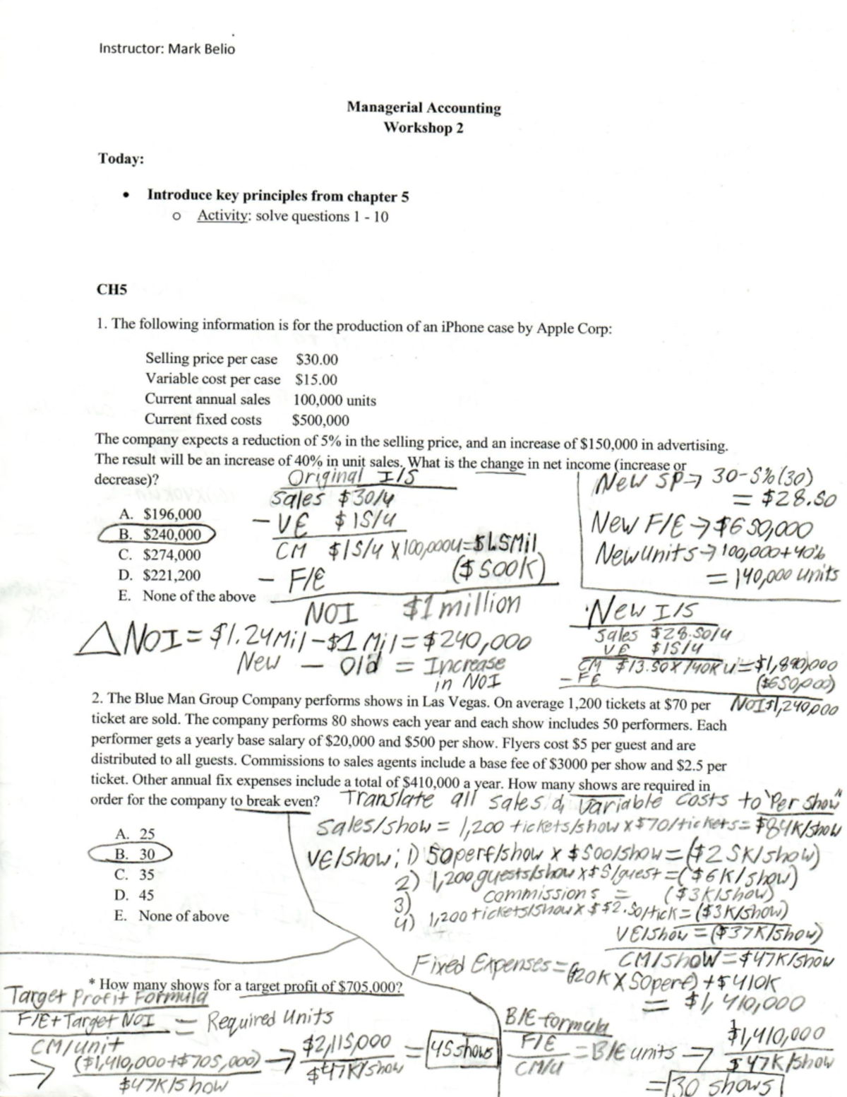 Managerial Accounting Workshop 2: Practice Questions Answer Key - Studocu
