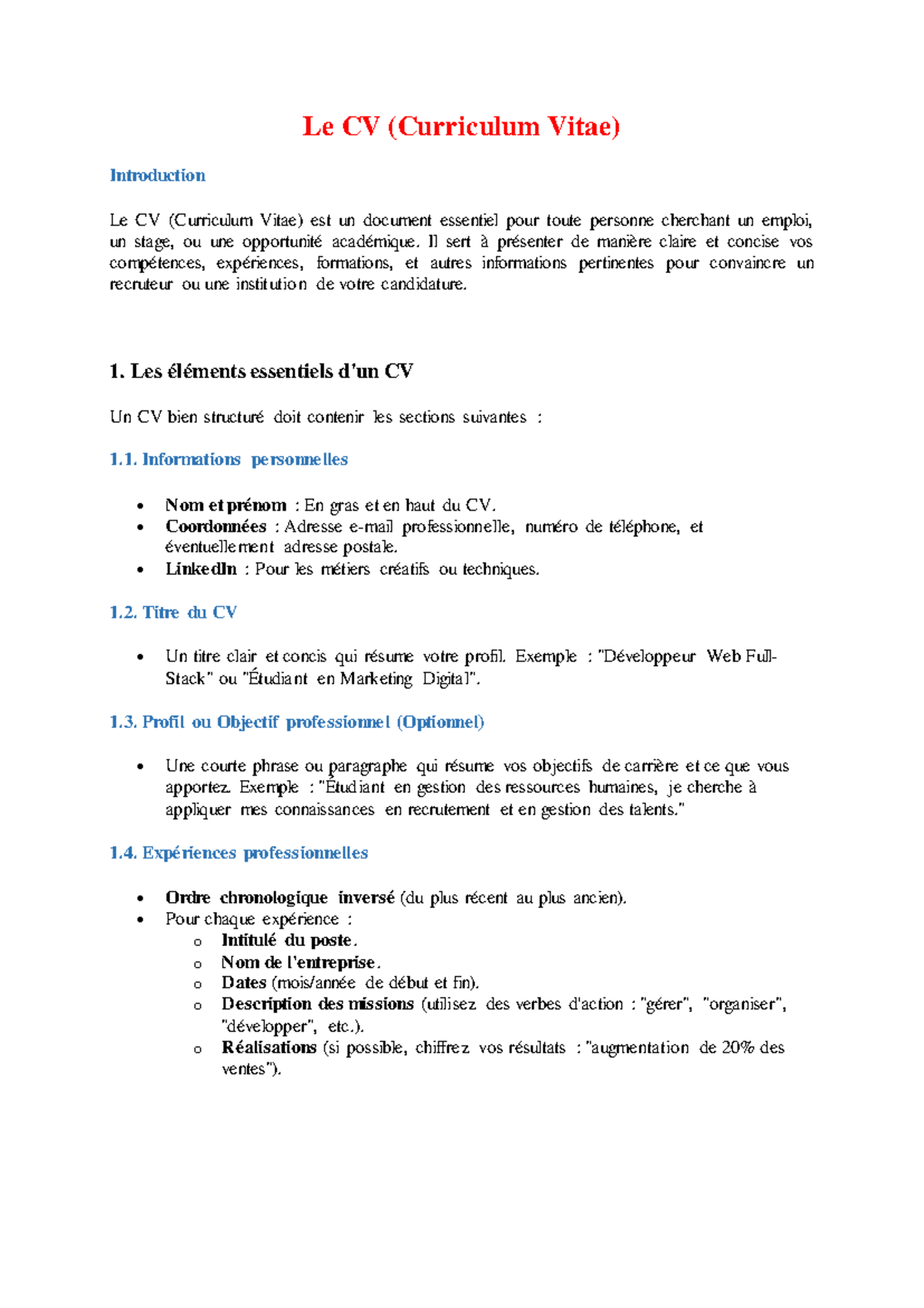 Rédaction d'un CV Efficace : Guide Complet pour Candidats - Studocu