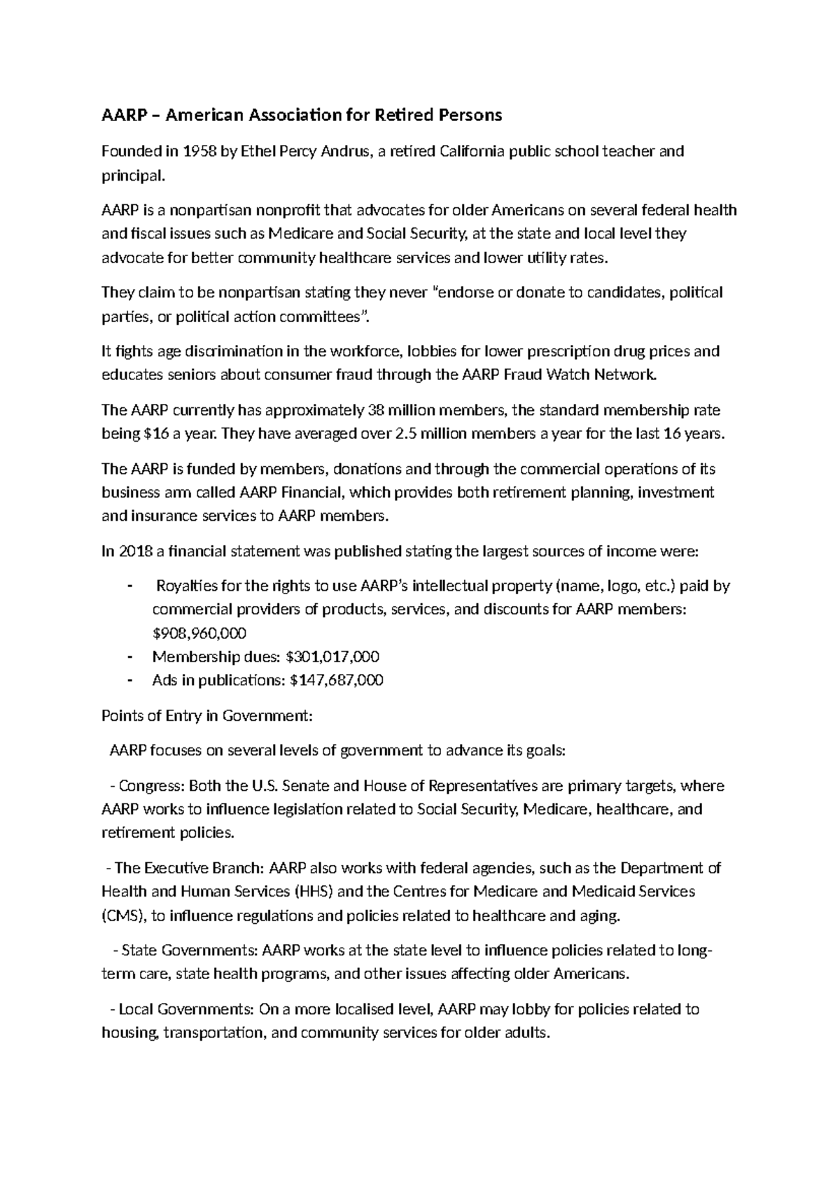 AARP Interest Group Insights - Advocacy & Financial Overview - Studocu