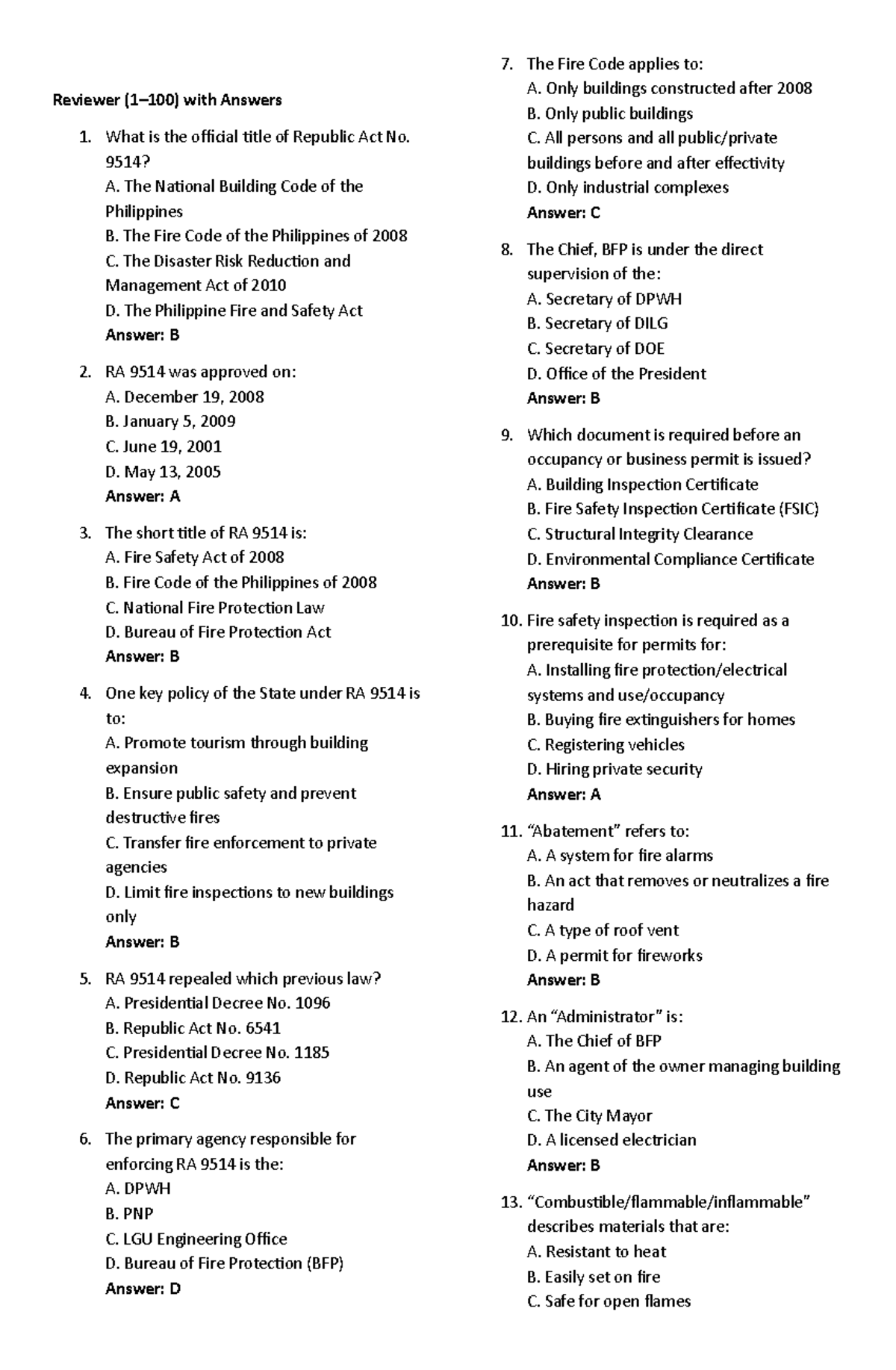RA 9514 Fire Code Reviewer with Answers - Studocu
