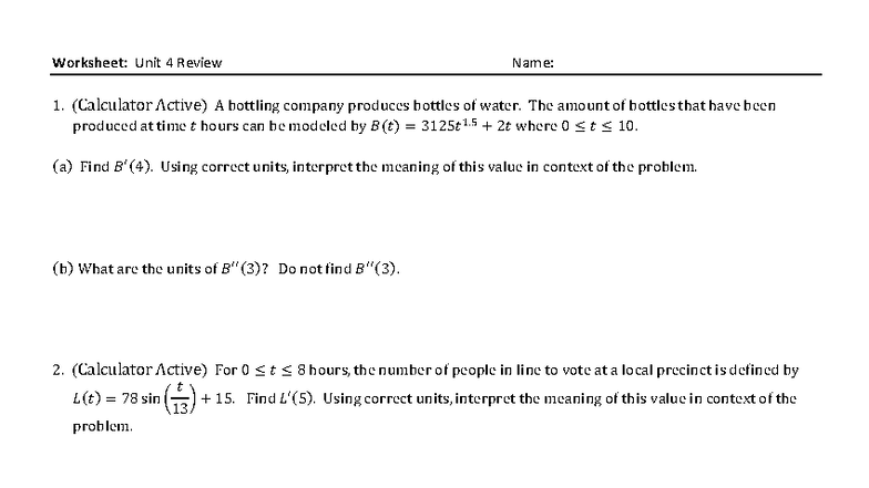 Unit 4 Review Worksheet: Key Concepts and Problem Solving - Studocu