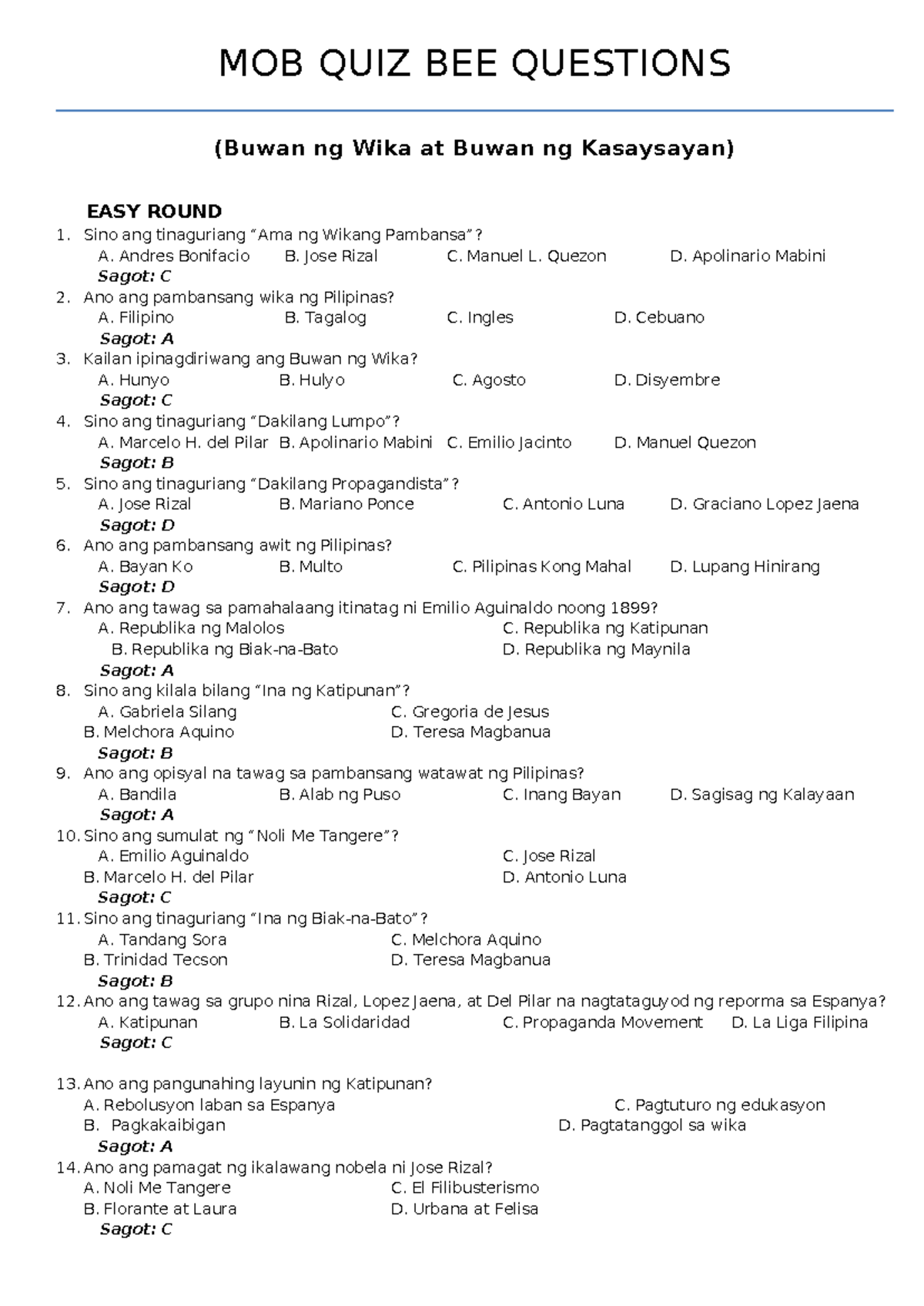 MOB QUIZ BEE QUESTIONS (Buwan ng Wika at Kasaysayan) ROUND 1-2 - Studocu