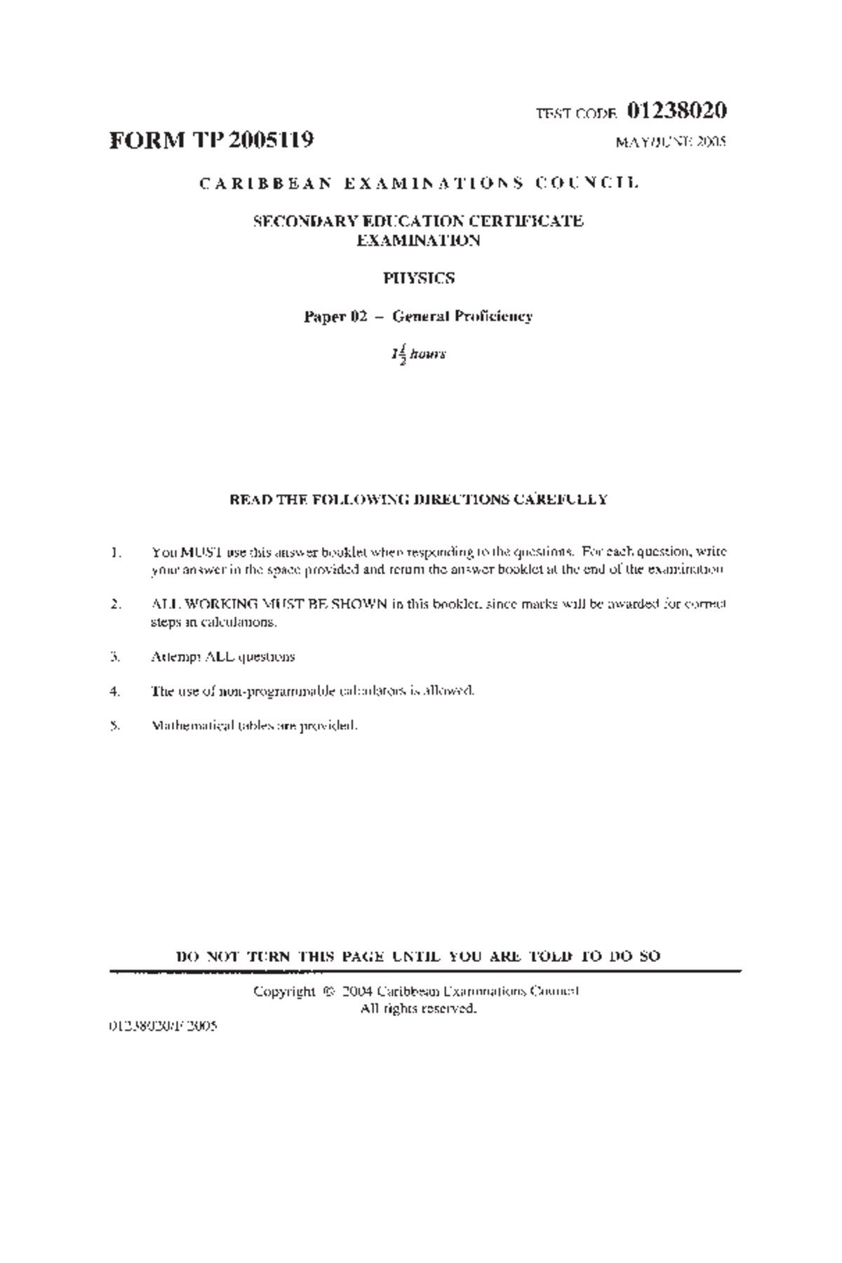 CSEC Physics P2 2005 Exam Paper - General Proficiency - Studocu