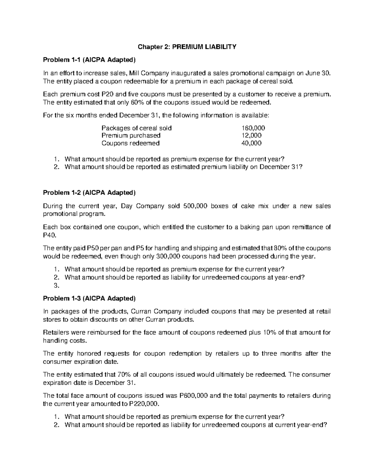 Chapter 2 & 3 Discussion Problems on Premium & Warranty Liability - Studocu
