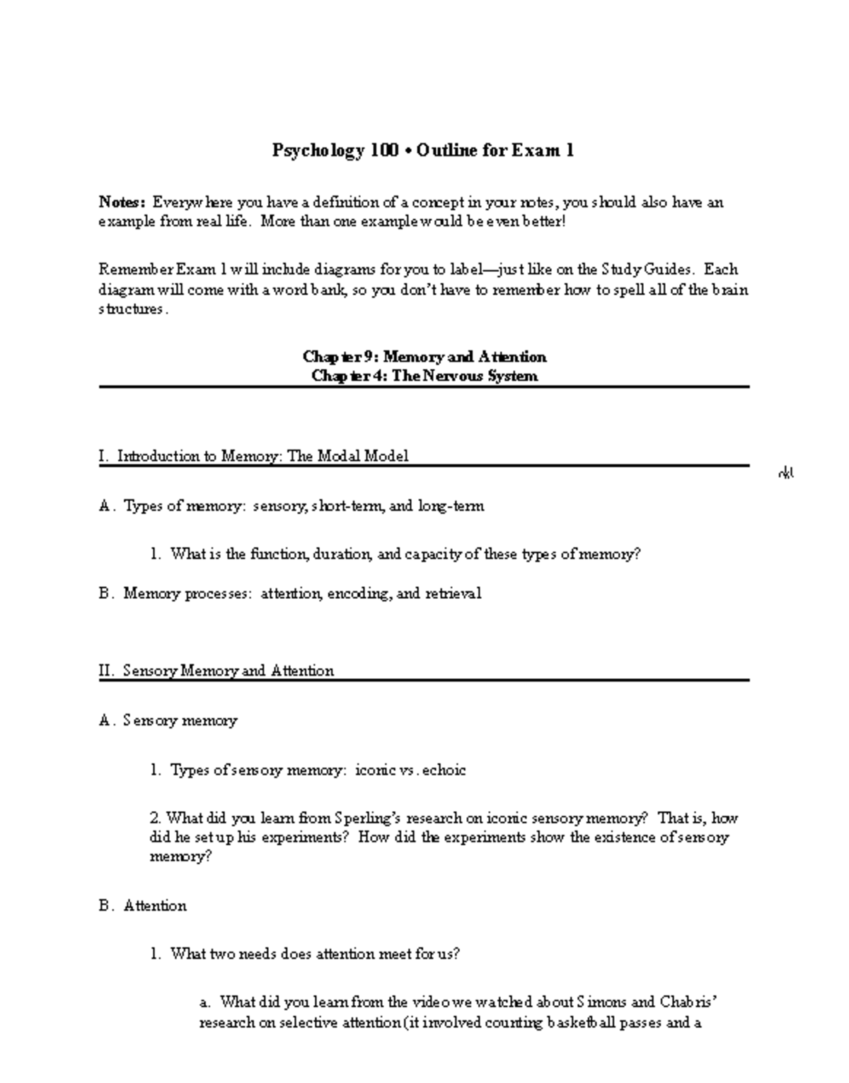 Psychology 100 • Final Exam Outline: Memory & Attention Concepts - Studocu