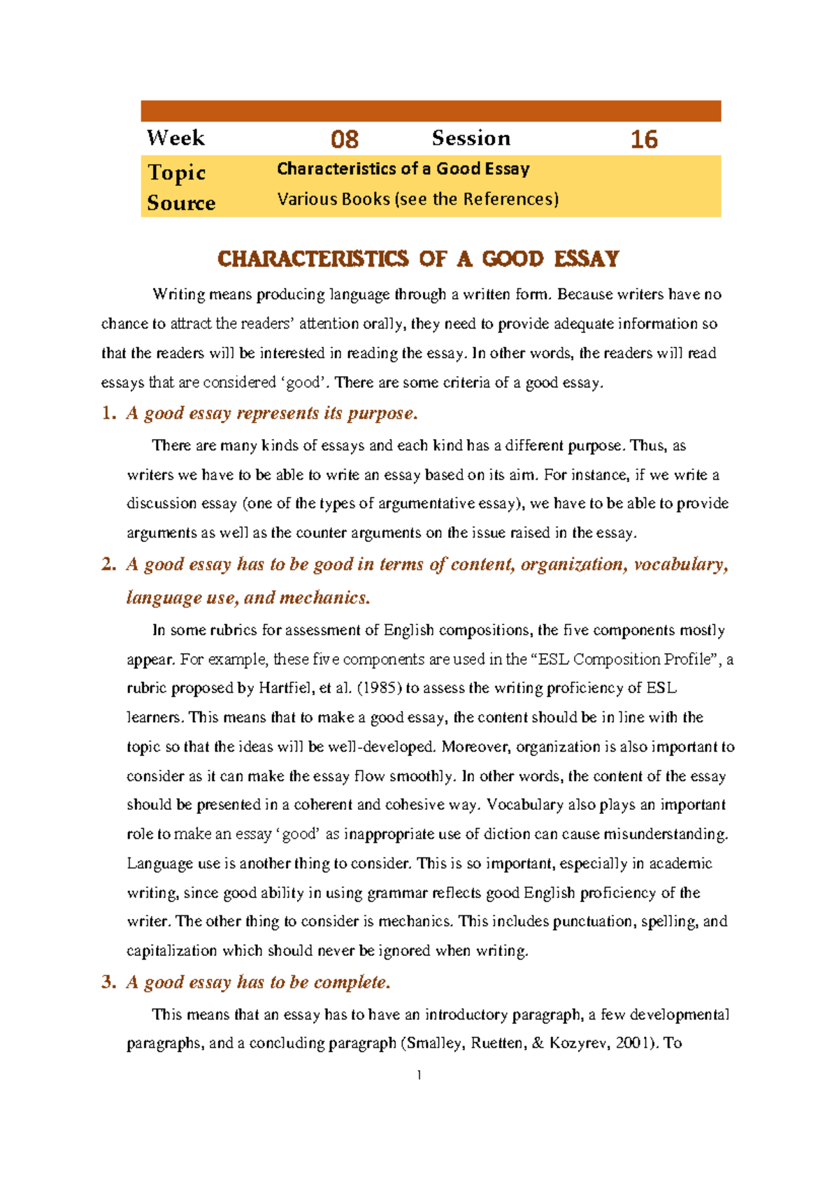 Week 08 Session 16: Key Traits for Crafting a Good Essay - Studocu
