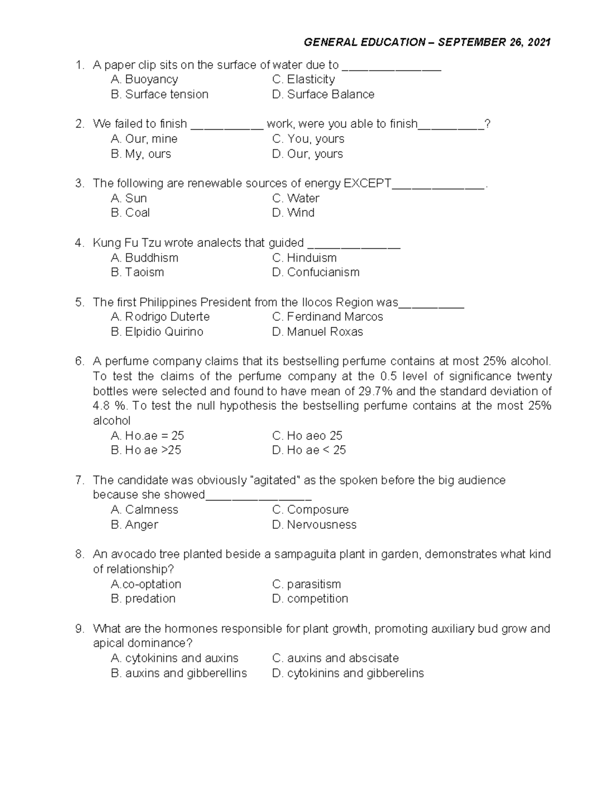General Education Quiz 150 - 2021 Sample Questions - Studocu