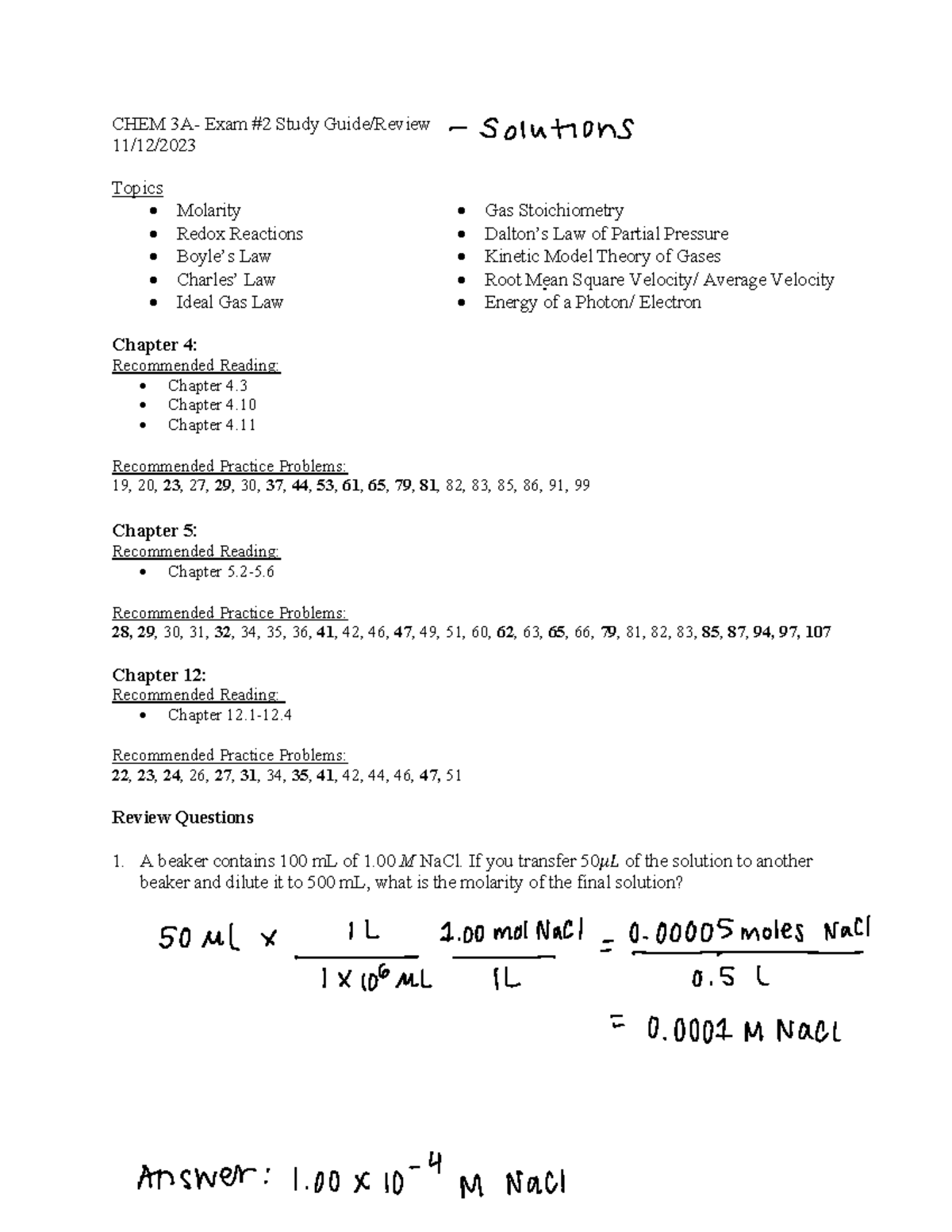 Chem 3A - Final Exam 2 Review Study Guide and Key Topics - Studocu