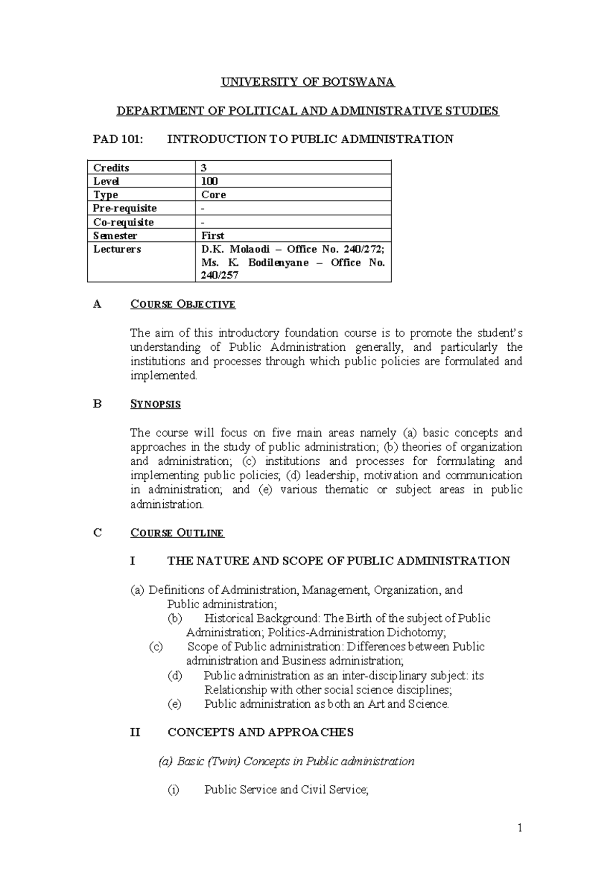 PAD 101 Course Outline: Introduction to Public Administration Overview ...