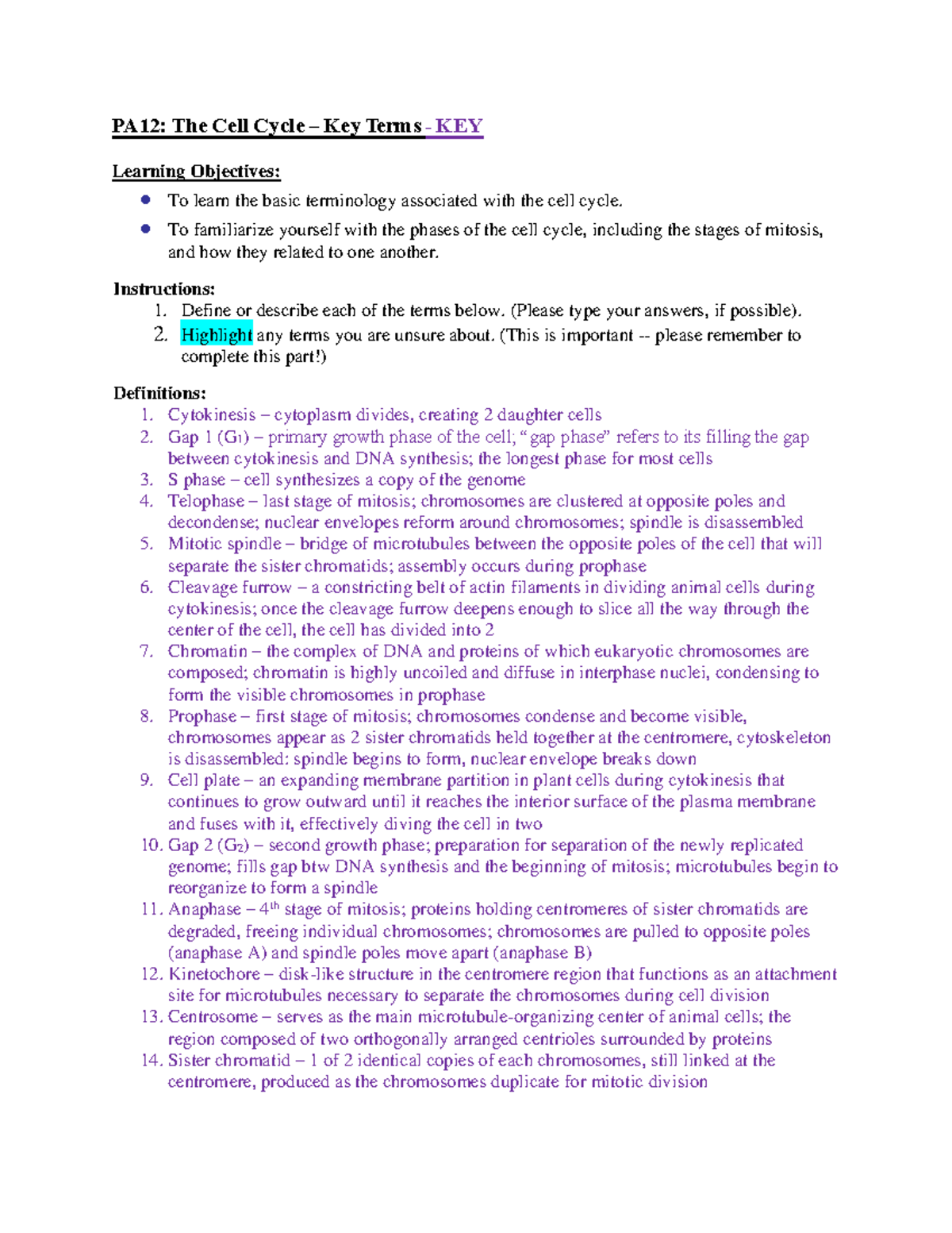 PA12: The Cell Cycle - Key Terms & Definitions Study Guide - Studocu