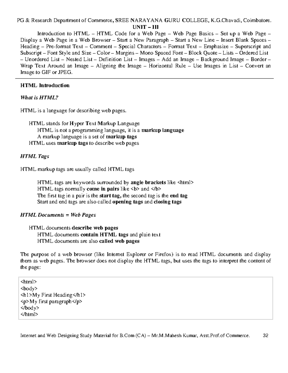 Unit III - IED: Introduction to HTML for B.Com (CA) Students - Studocu