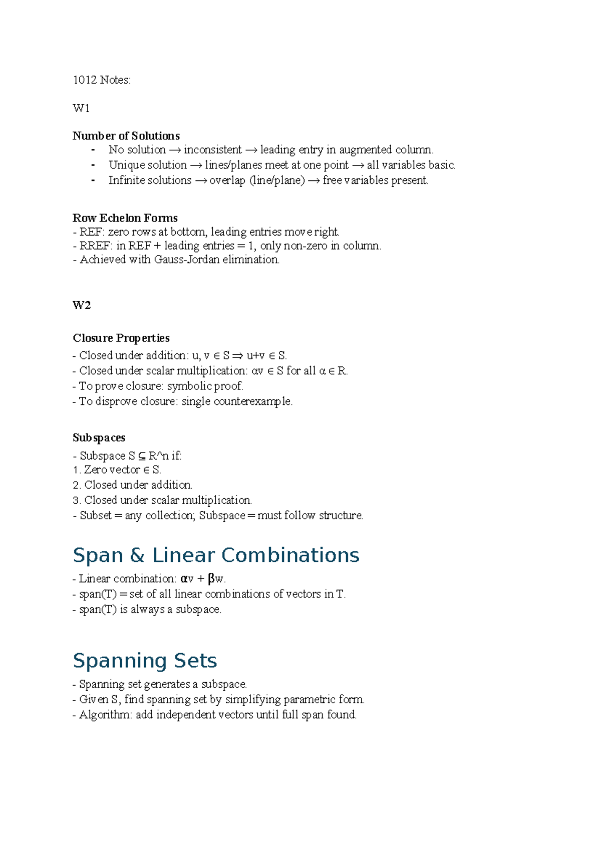 1012 Midsem Notes: Linear Algebra Concepts and Properties - Studocu