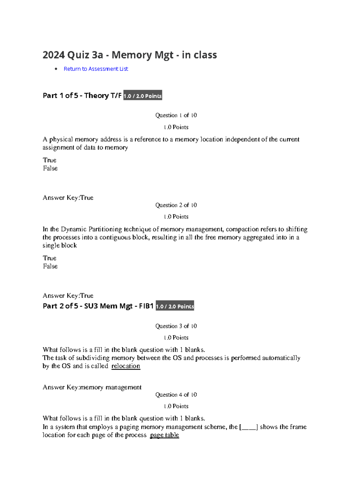 2024 Quiz 3a - Memory Management Concepts and Questions - Studocu