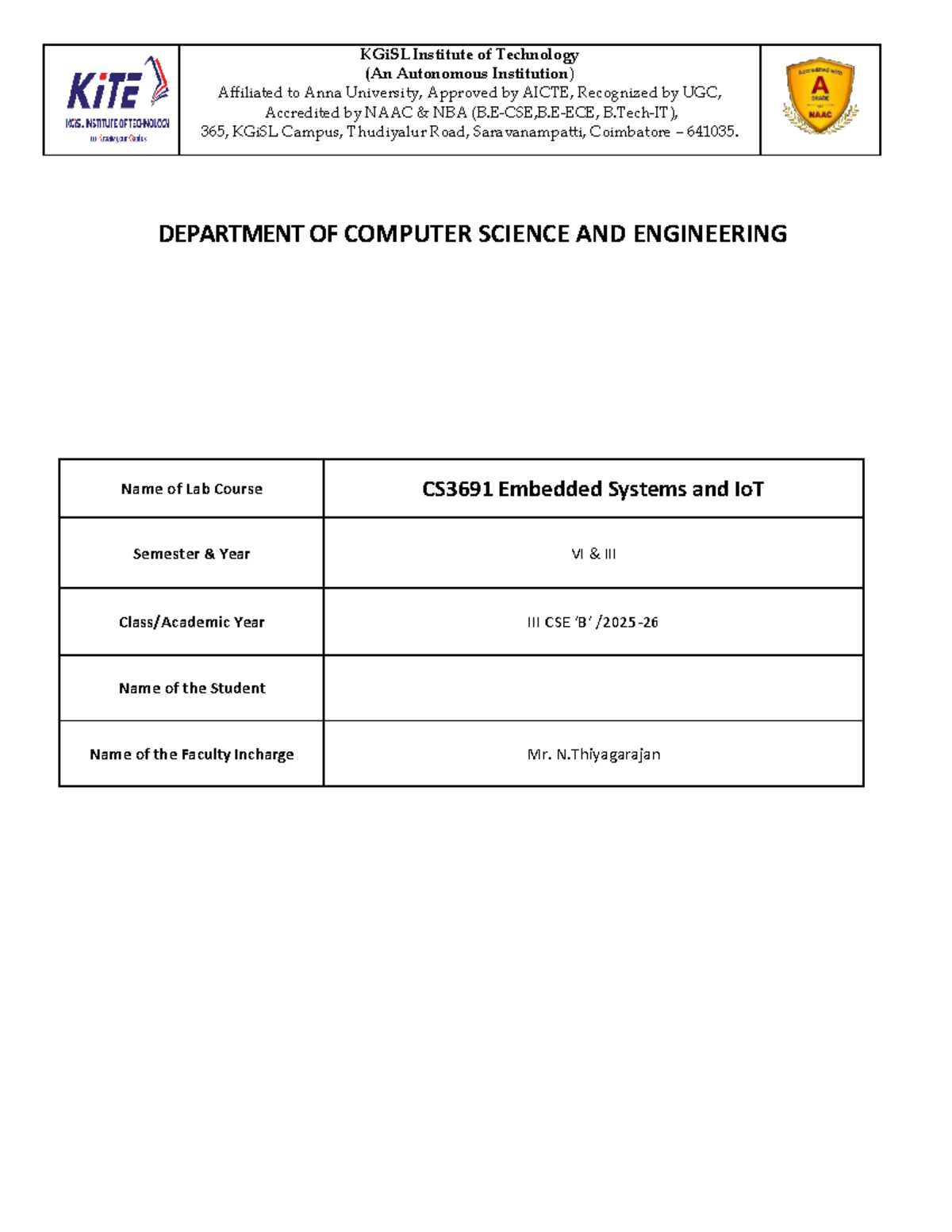 CS3691 Embedded Systems and IoT Lab Record Rubrics - Studocu