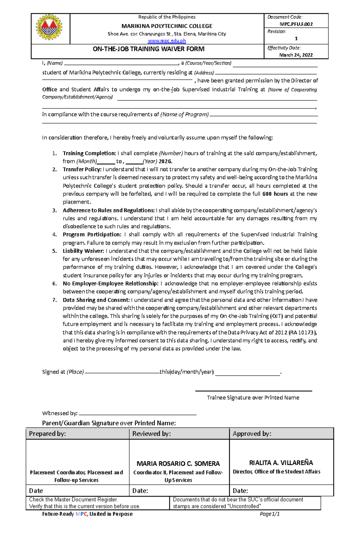 MPC Training Waiver Form for Supervised Industrial Training - Studocu