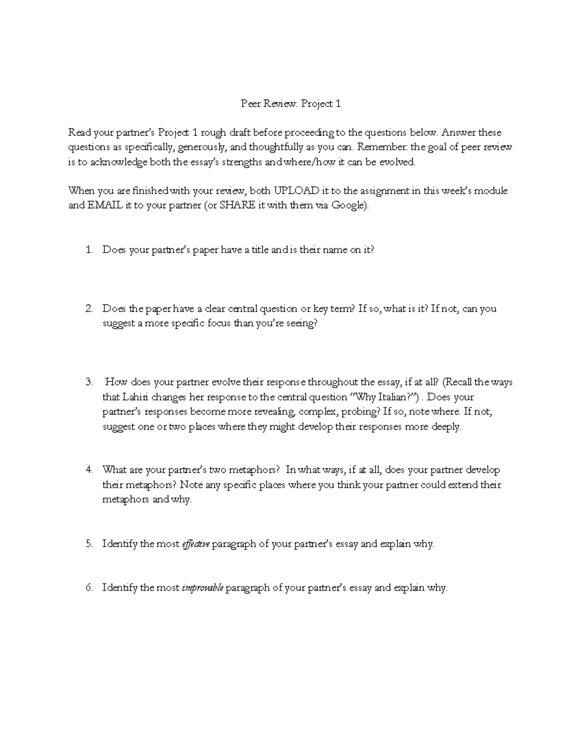 101 LE Project 1 Peer Review Questions and Guidelines - Studocu