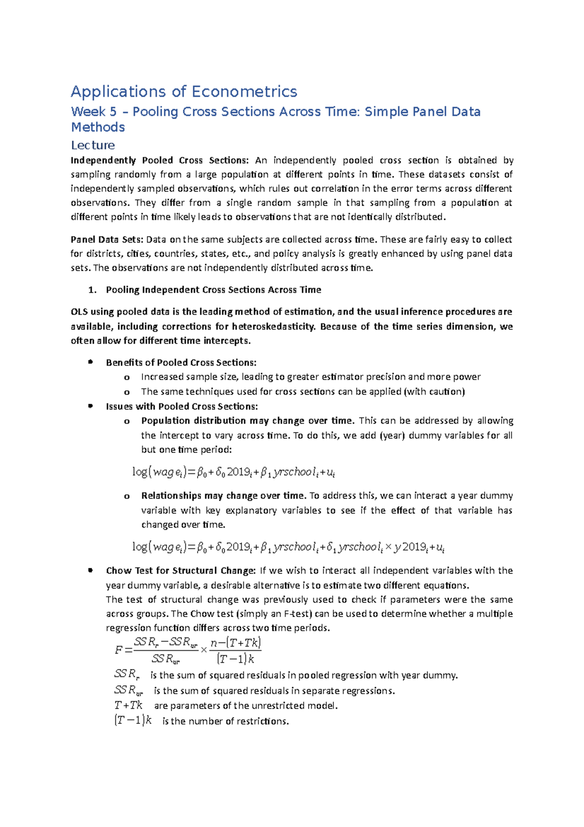 Final Exam: Pooling Cross Sections Across Time (ECON 301) - Studocu