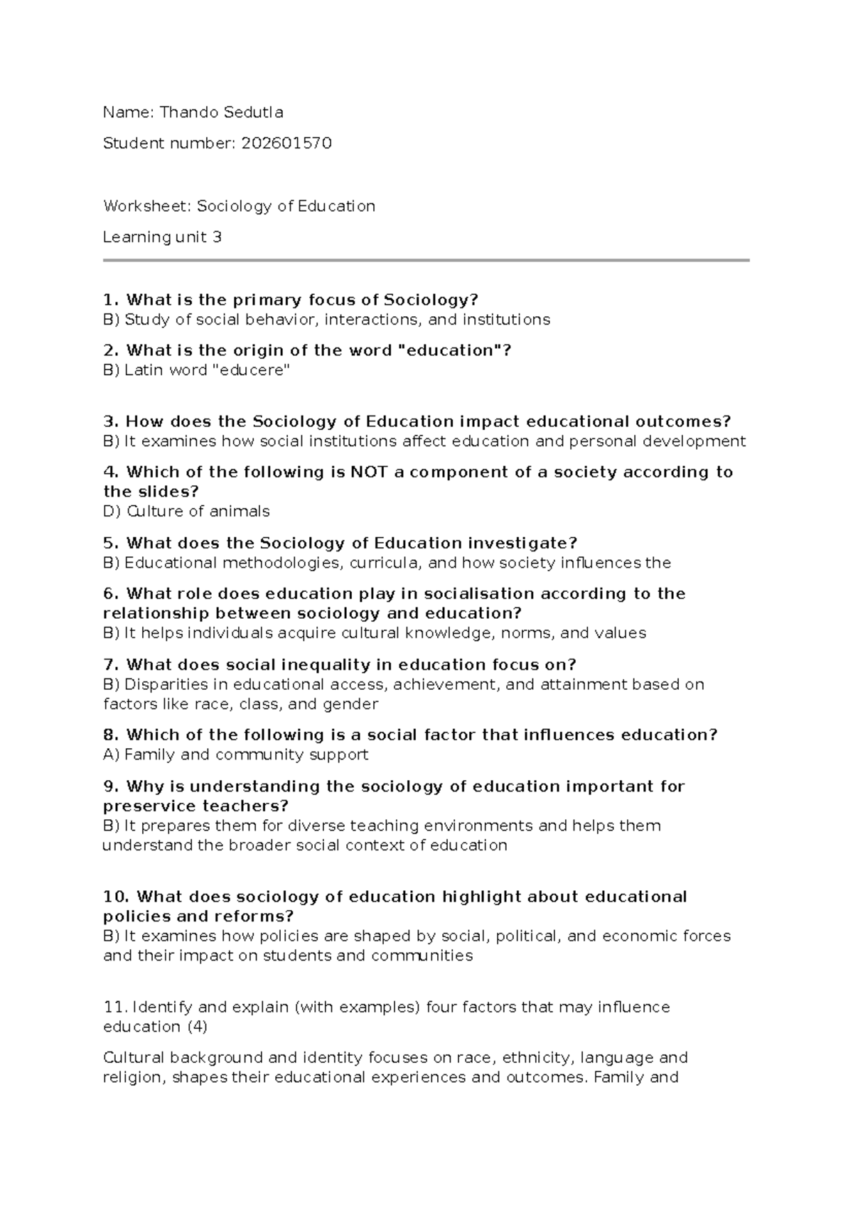 Sociology of Education Worksheet 1: Learning Unit 3 Insights - Studocu