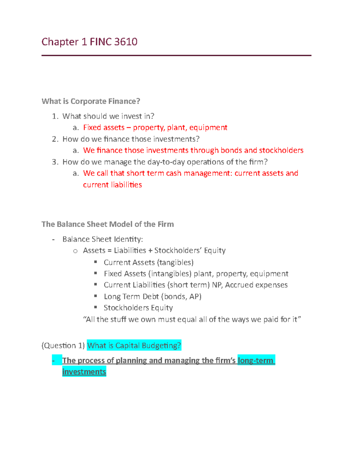 Chapter 1 Lecture Notes on Corporate Finance - FINC 3610 - Studocu