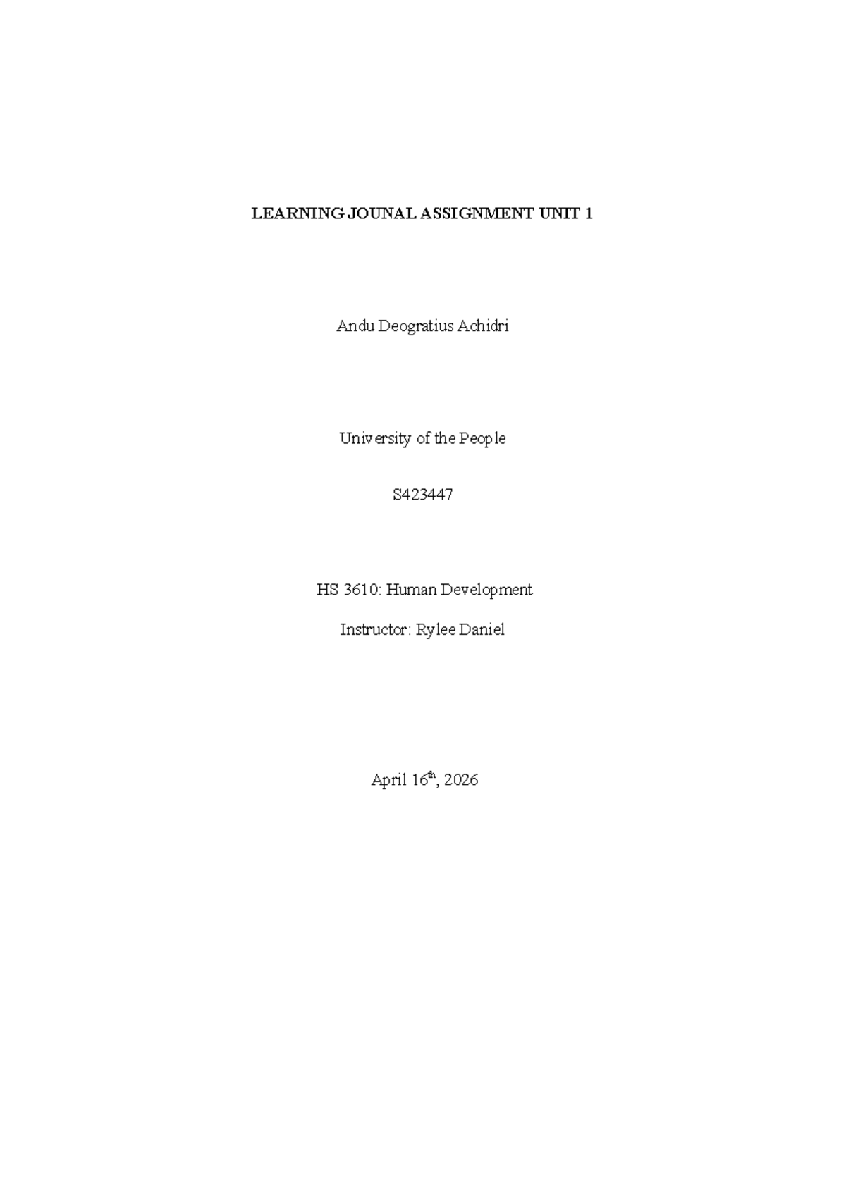 HS 3610: Human Development - Learning Journal Assignment Unit 1 - Studocu