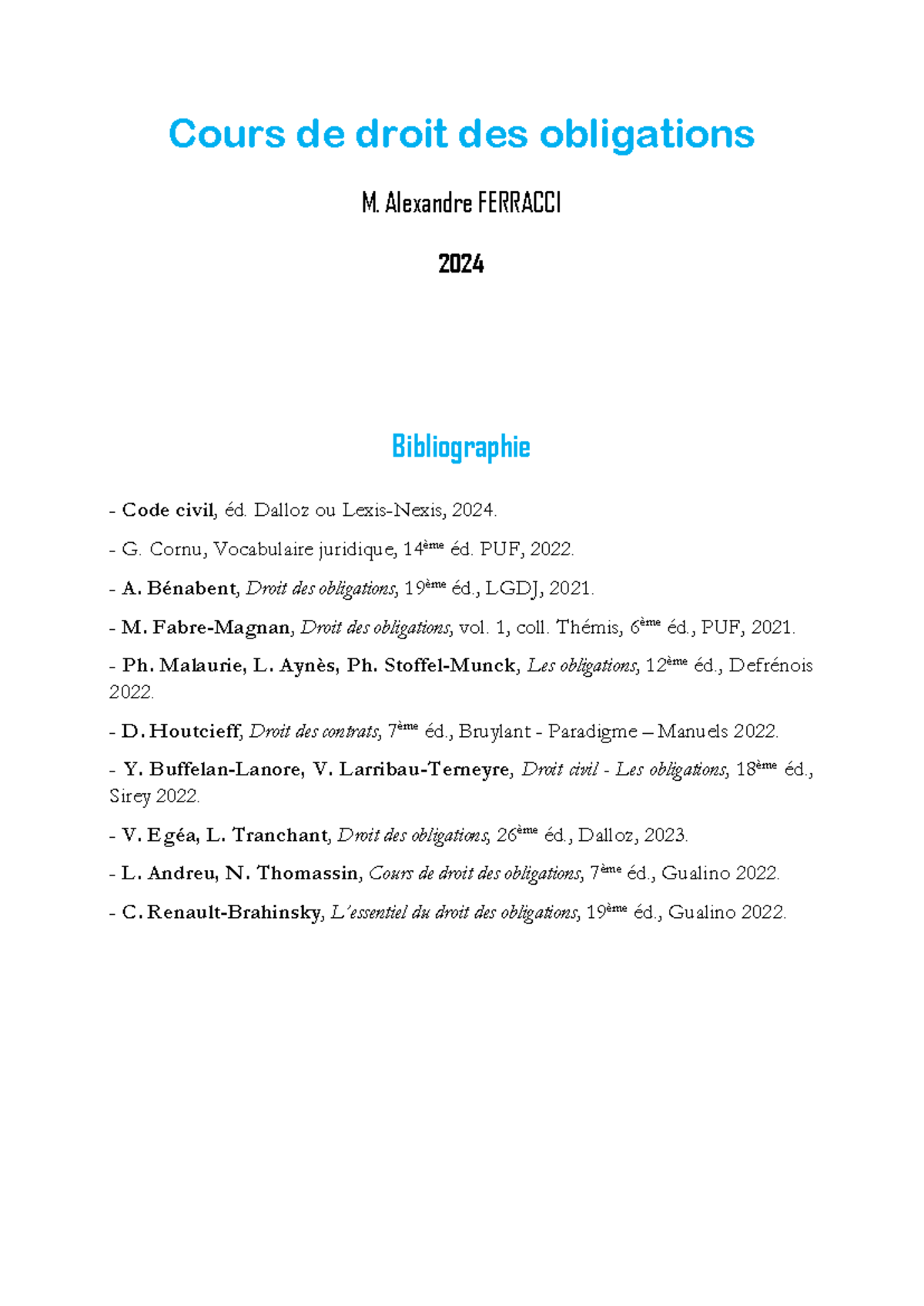 Cours de Droit des Obligations - Bibliographie et Plan de Cours