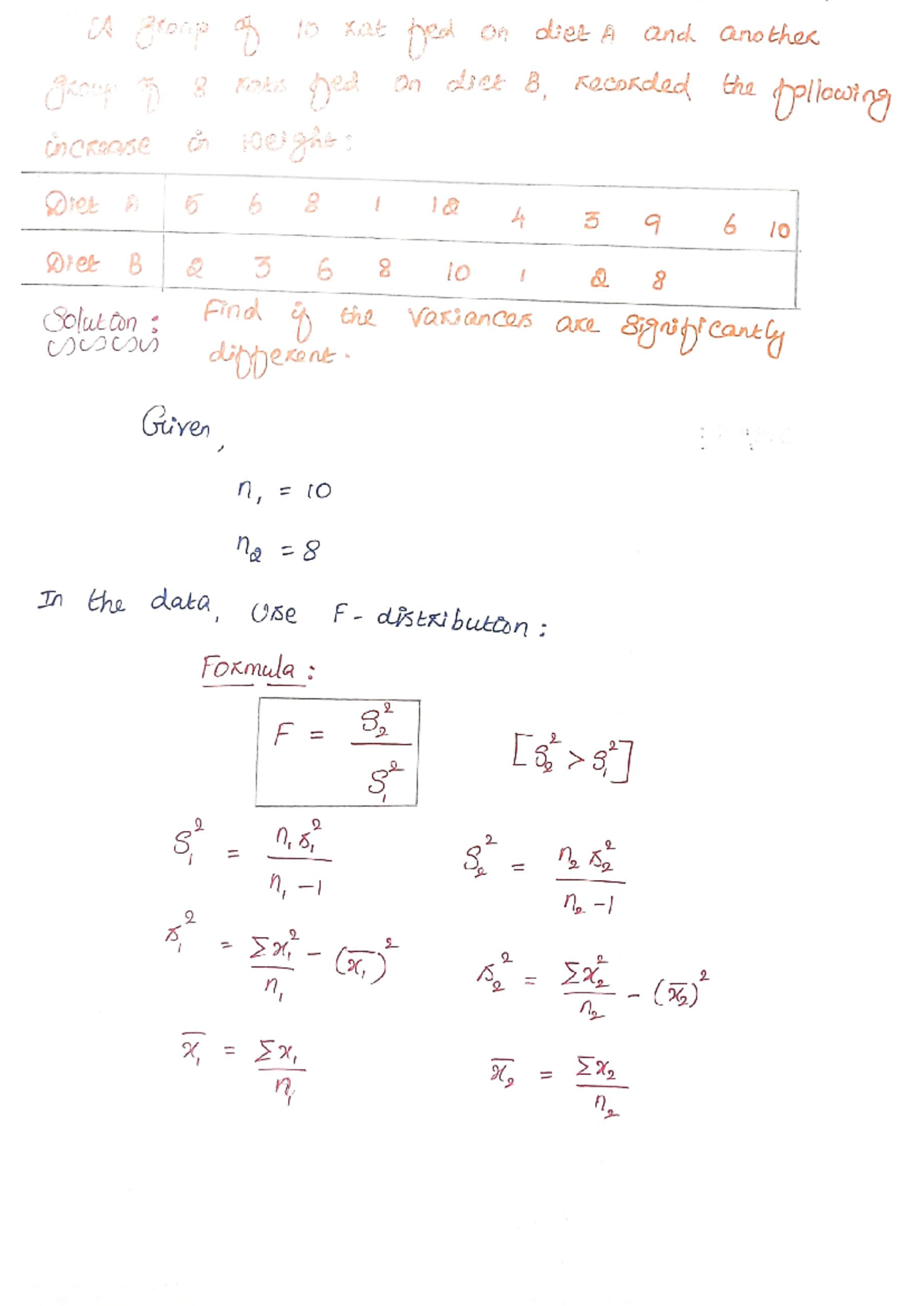 MA4151 Unit IV F- Distribution Notes - is group of 10 xat fed on diet A ...