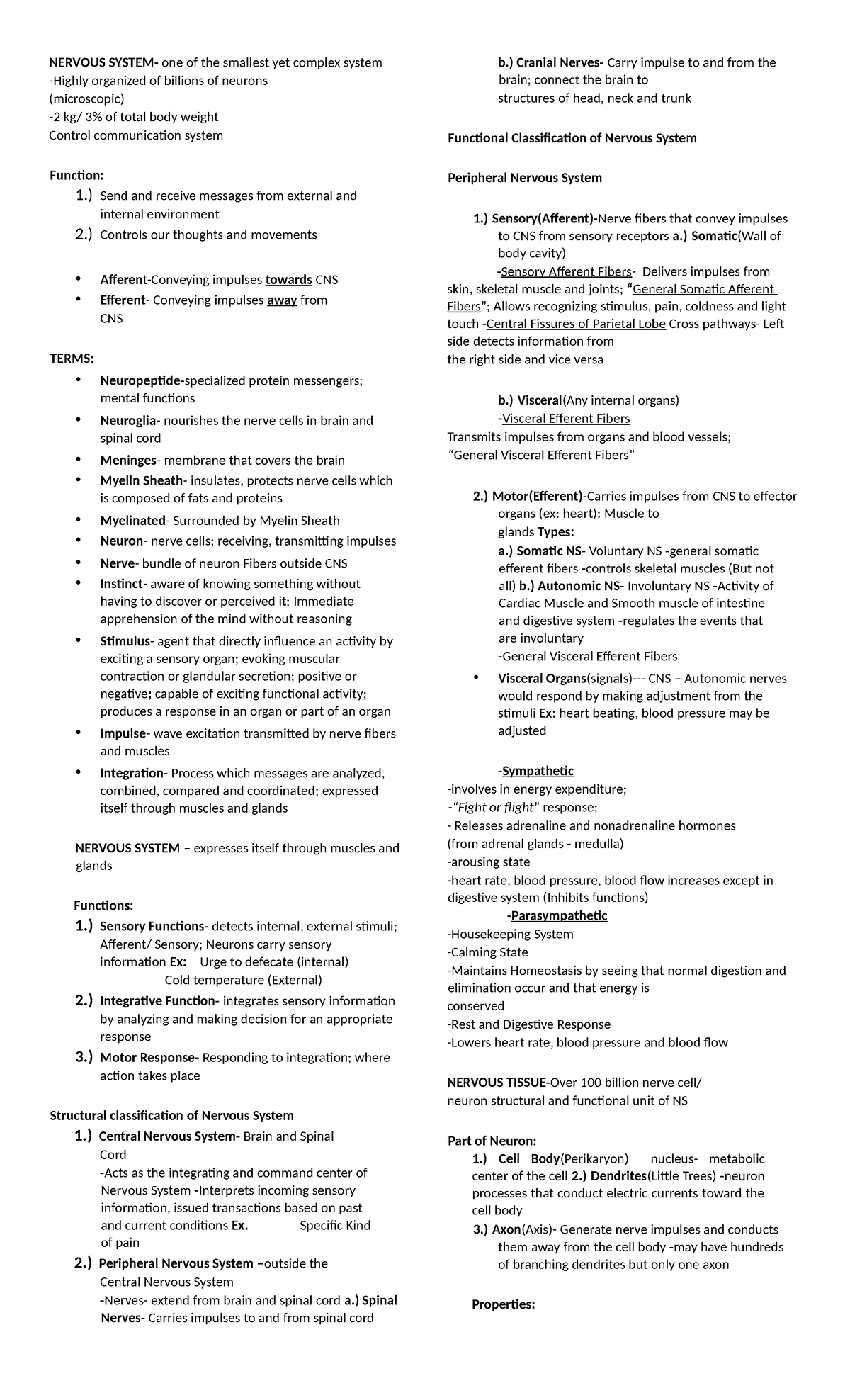 Nervous System Lecture Notes - Overview of Structure & Functions - Studocu