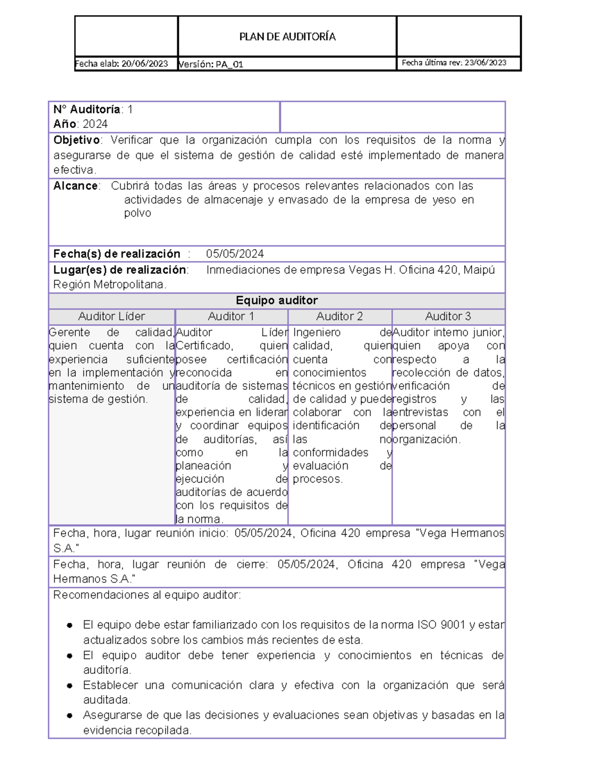 Plan de Auditoría ISO 9001 - Almacenaje y Envasado 2024 - Studocu