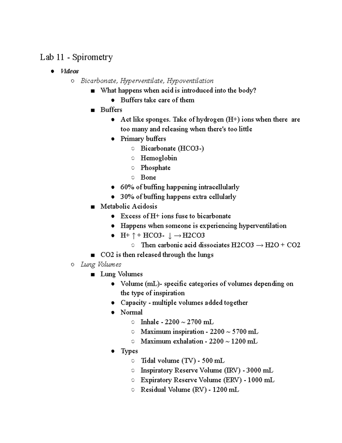 Final Exam: Physiology Lab Notes on Spirometry and Lung Function - Lab ...