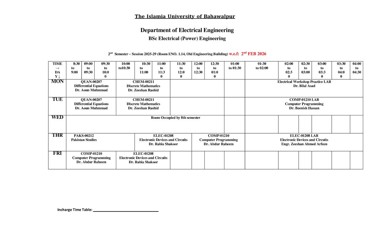 BSc Electrical Engineering (Power) Timetable - 2nd, 4th & 8th Semesters ...
