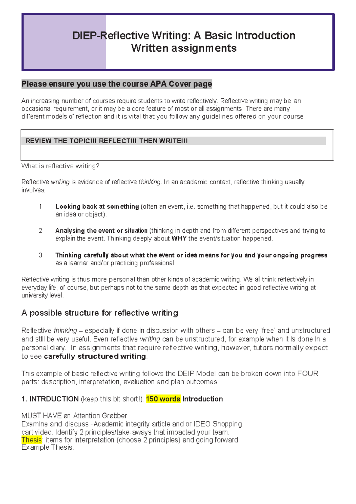 Reflective Writing: A Basic Intro & DIEP Template Guide - Studocu
