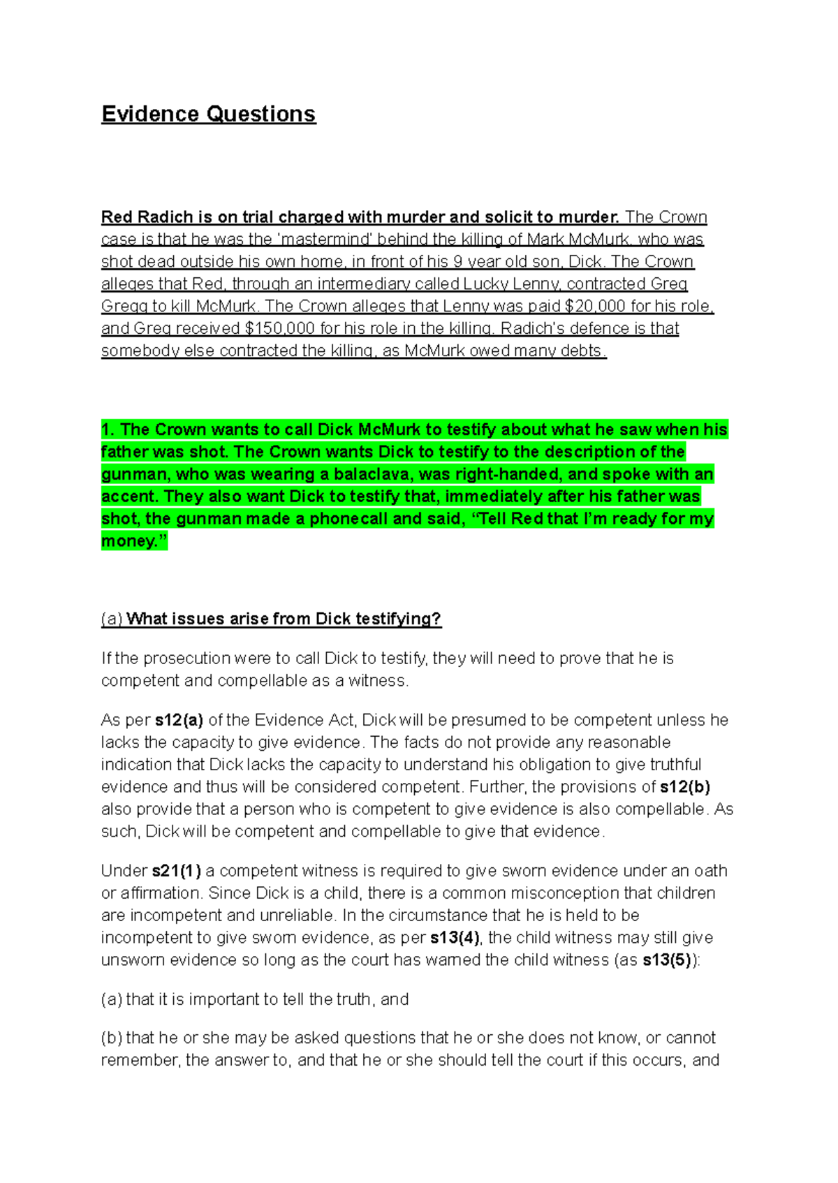 Evidence Problem Tutorial Questions: Red Radich Murder Case Analysis ...
