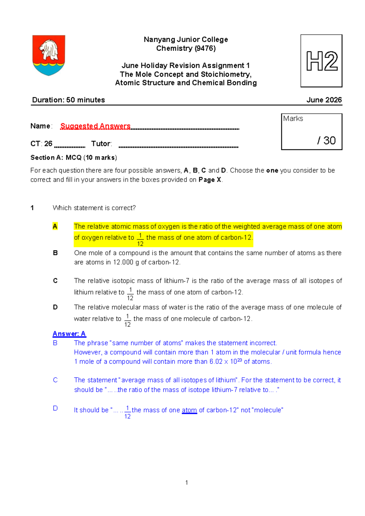 Nanyang Junior College Chemistry (9476) H2 June Holiday Revision ...
