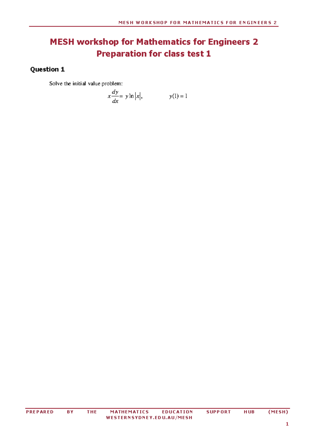 MESH Workshop for Mathematics for Engineers 2 - Class Test 1 Practice ...