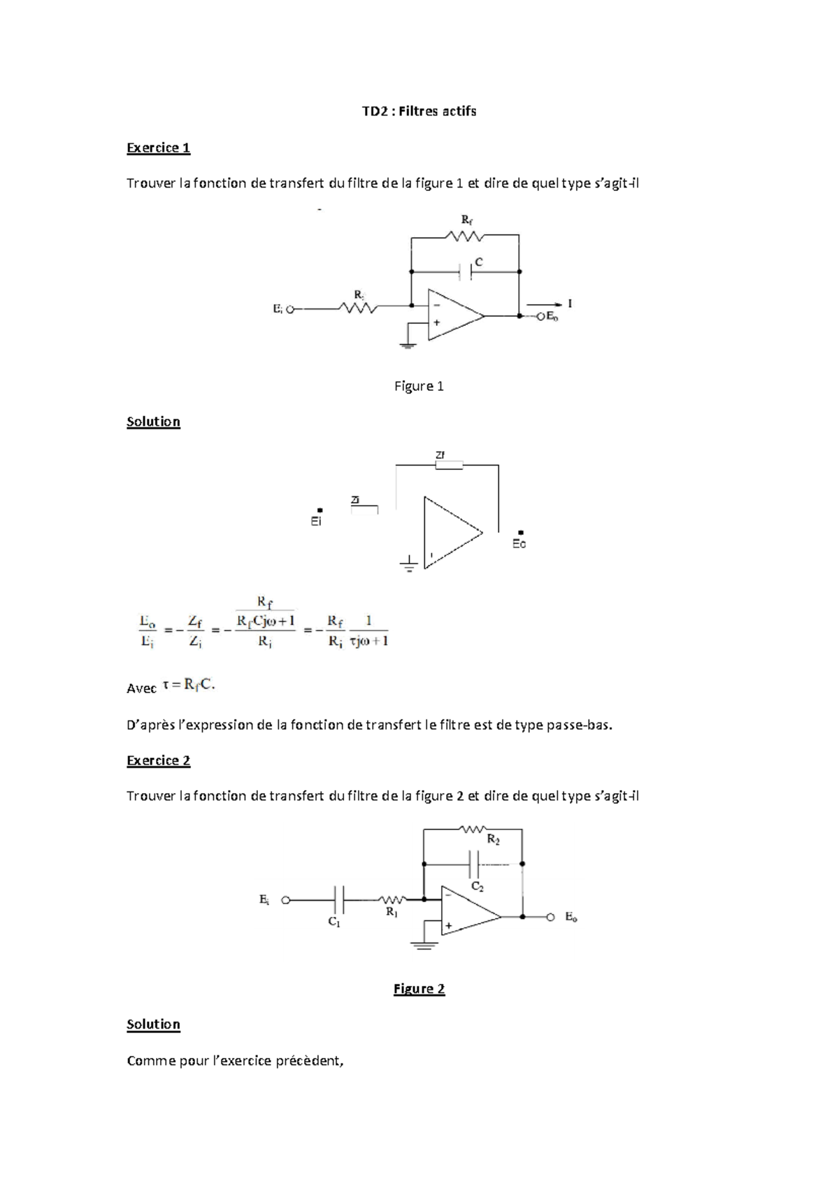TD2 : Filtres Actifs - Exercice sur Fonctions de Transfert - Studocu