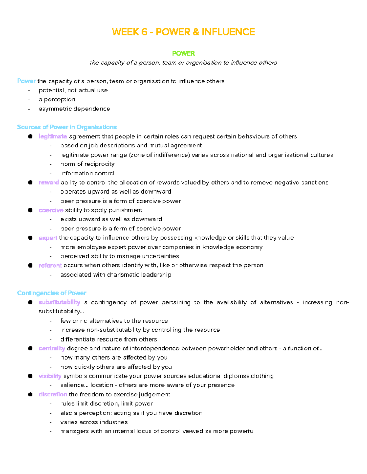 6 - Power & Influence - Lecture notes 6 - WEEK 6 - POWER & INFLUENCE ...