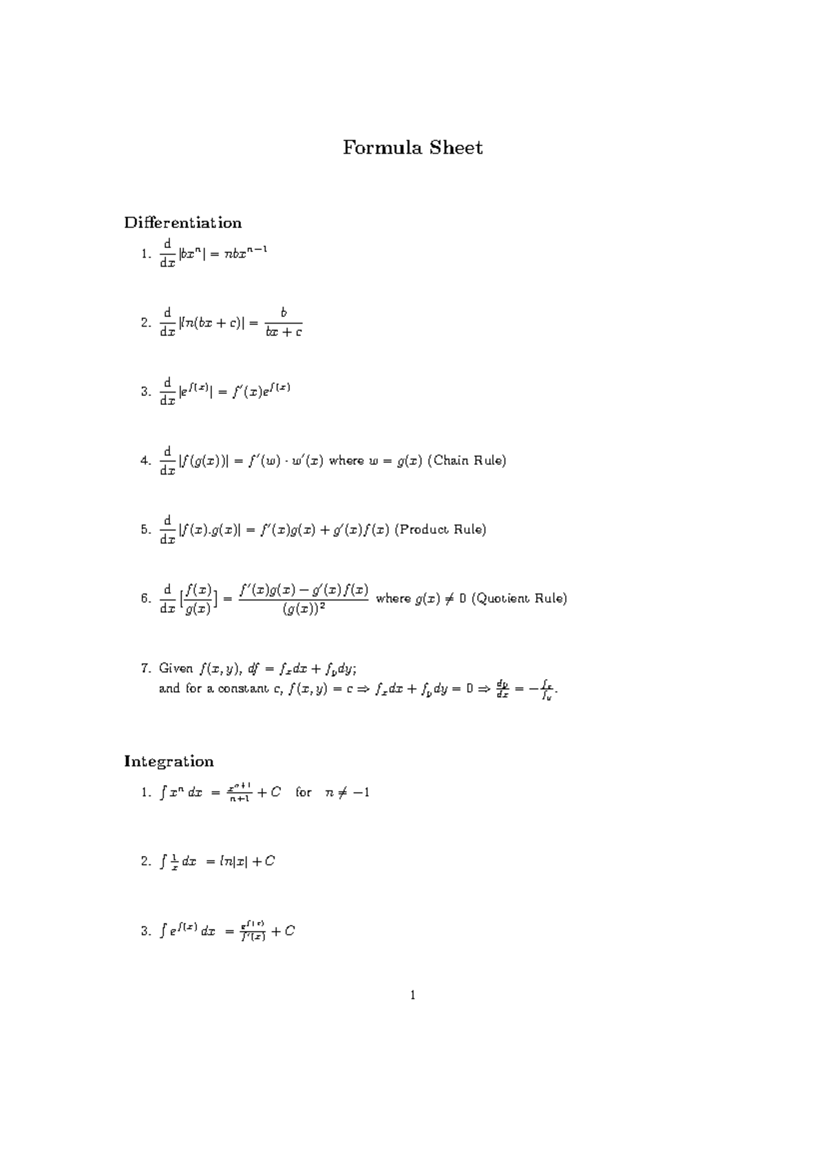 Calculus Formula Sheet - Differentiation & Integration (MATH 101 ...