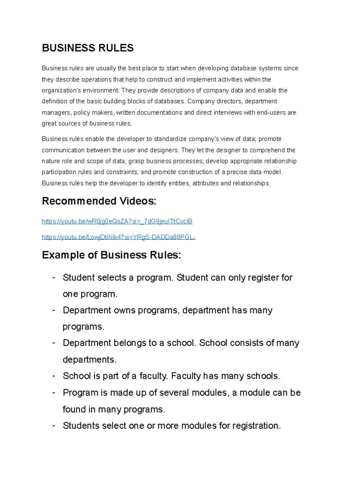 Business Rules Overview for INFS222 Course - Studocu