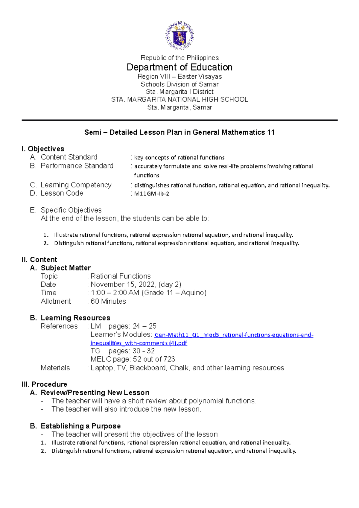 Rational Functions, Expressions, Equations & Inequalities - M11GM-Ib ...