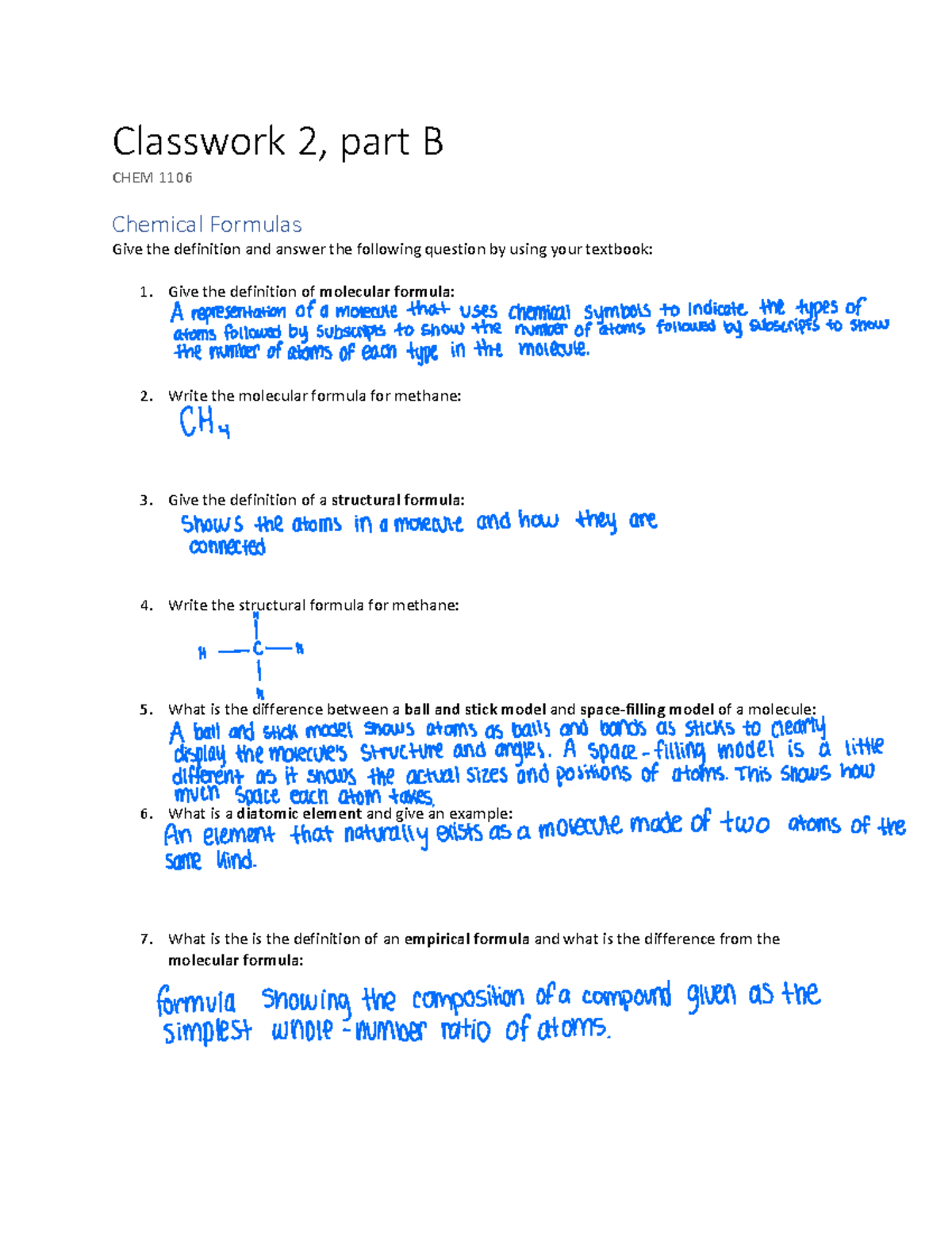 Classwork 2B CHEM 1106: Understanding Chemical Formulas and Models ...