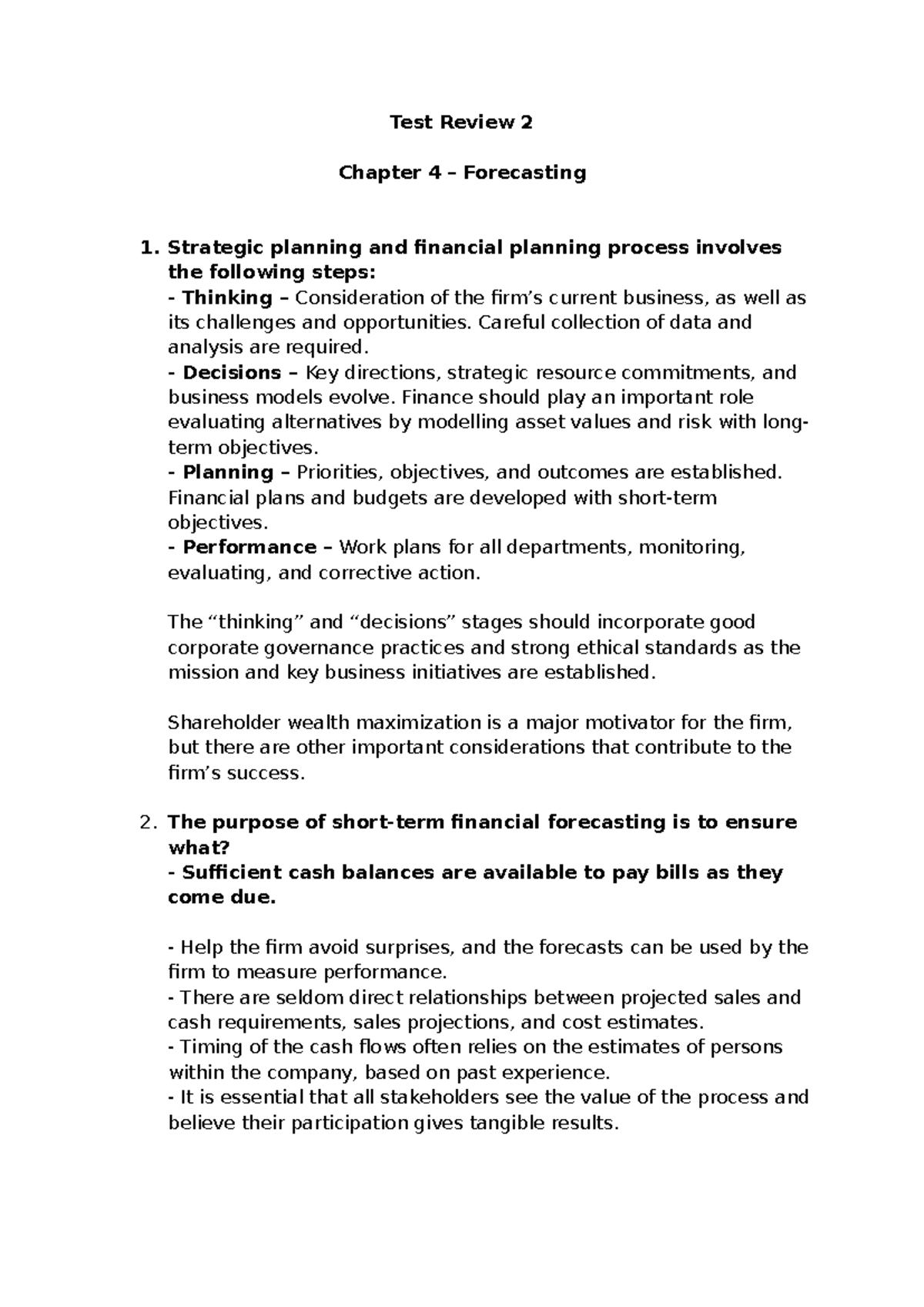 Test Review 2: Chapter 4 Financial Forecasting & Strategic Planning ...