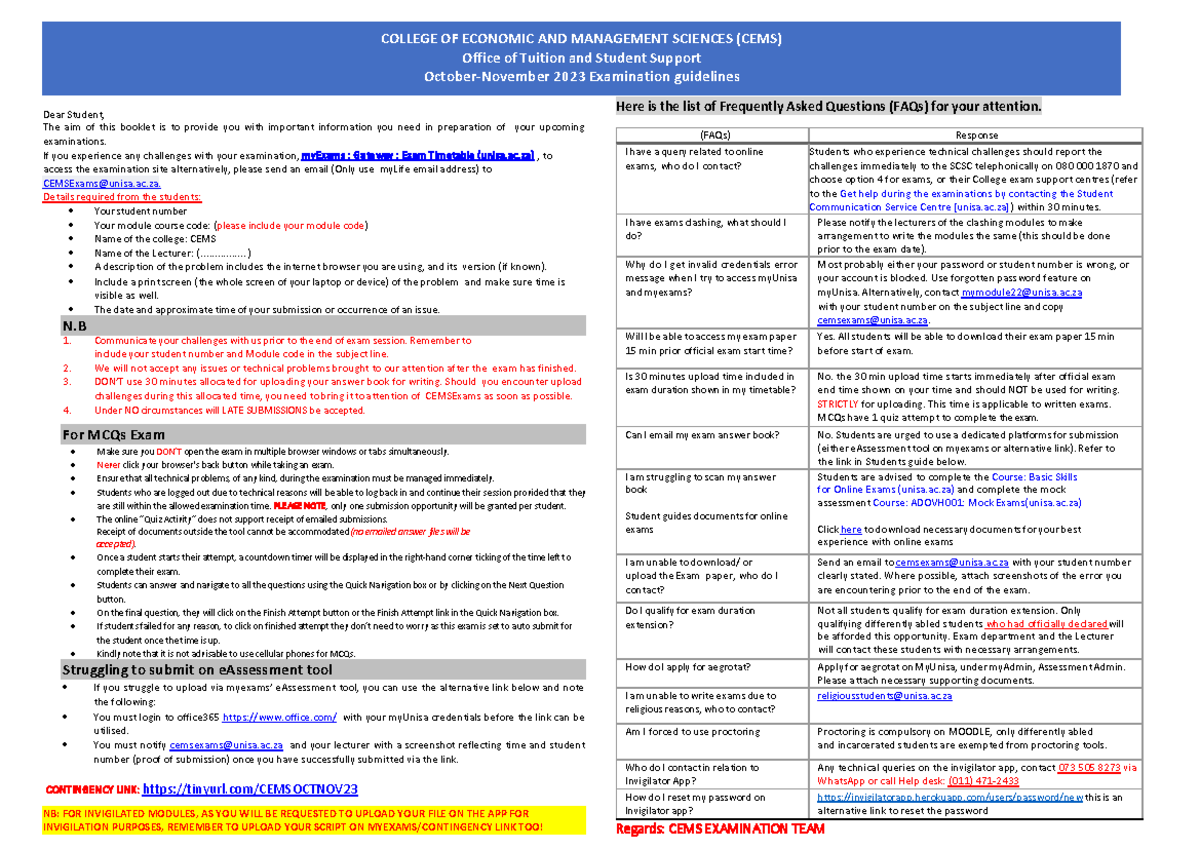 CEMS Exam Guidelines for October-November 2023 - Studocu
