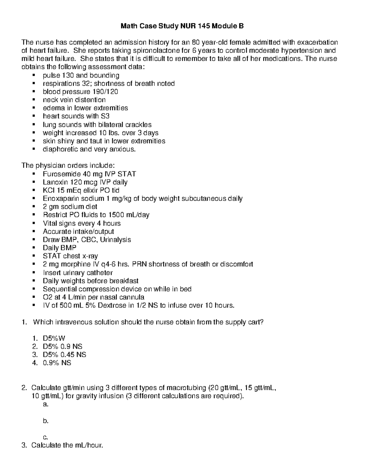 Math Case Study NUR 145 Module B: Heart Failure Management ...