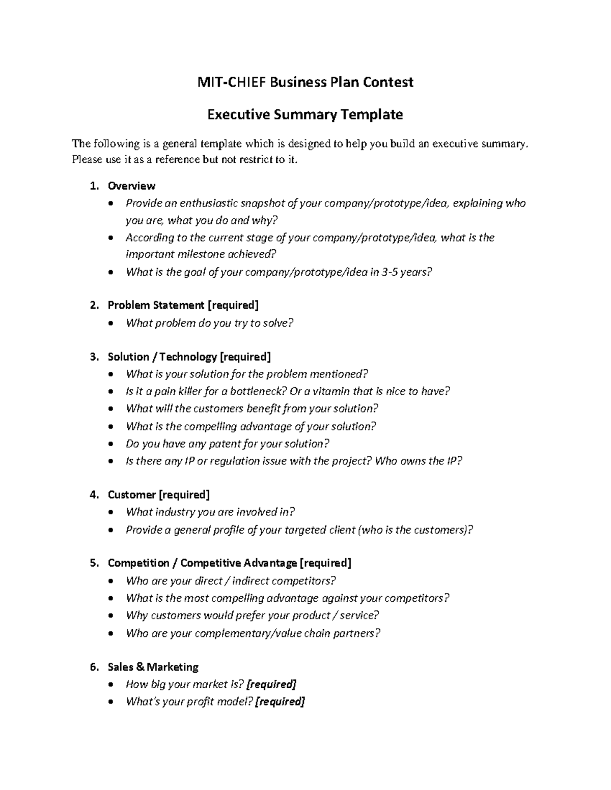 MIT Business Plan Contest Executive Summary Template - Studocu