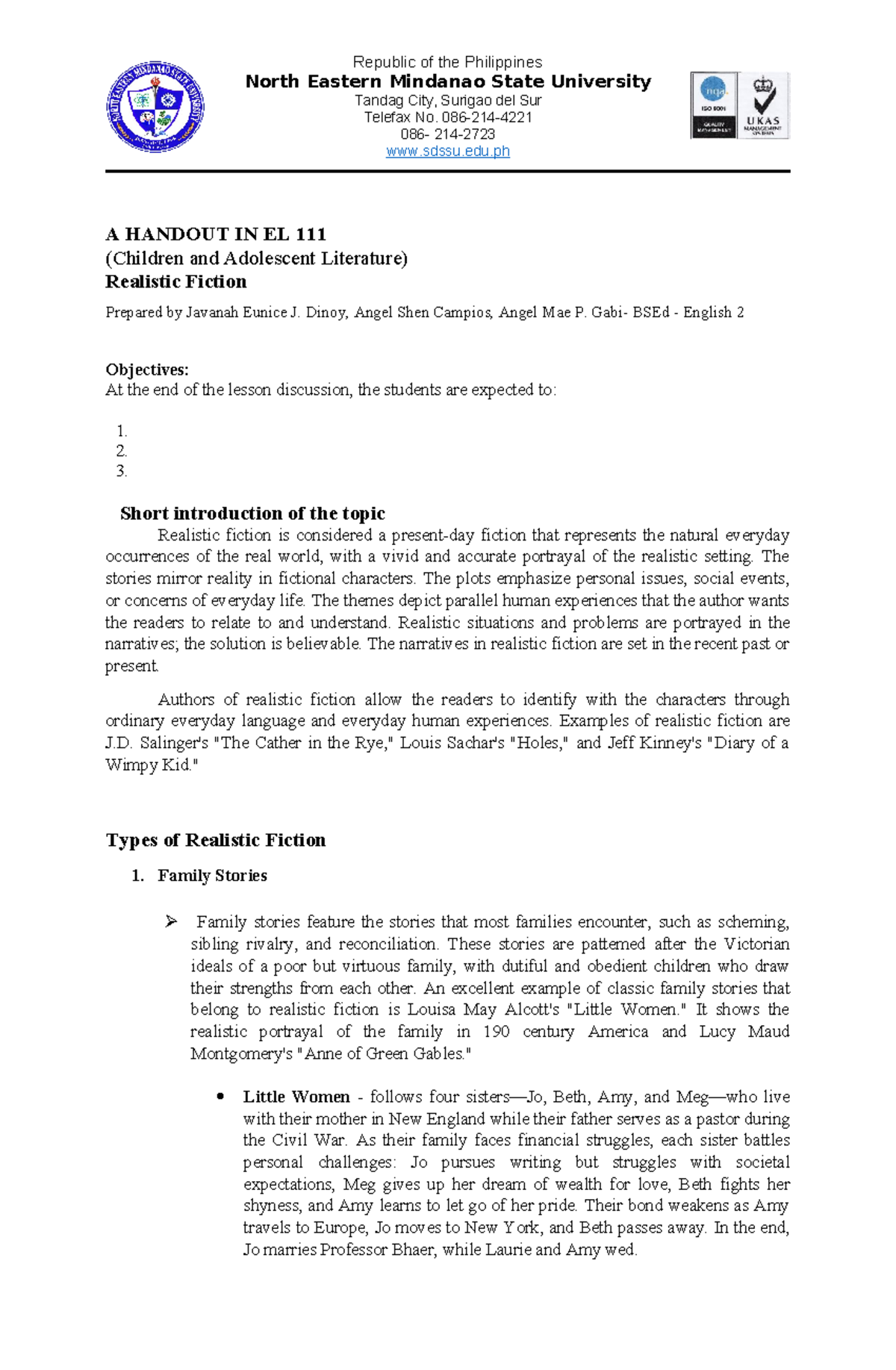 EL-111 Handout: Understanding Realistic Fiction and Its Examples - Studocu