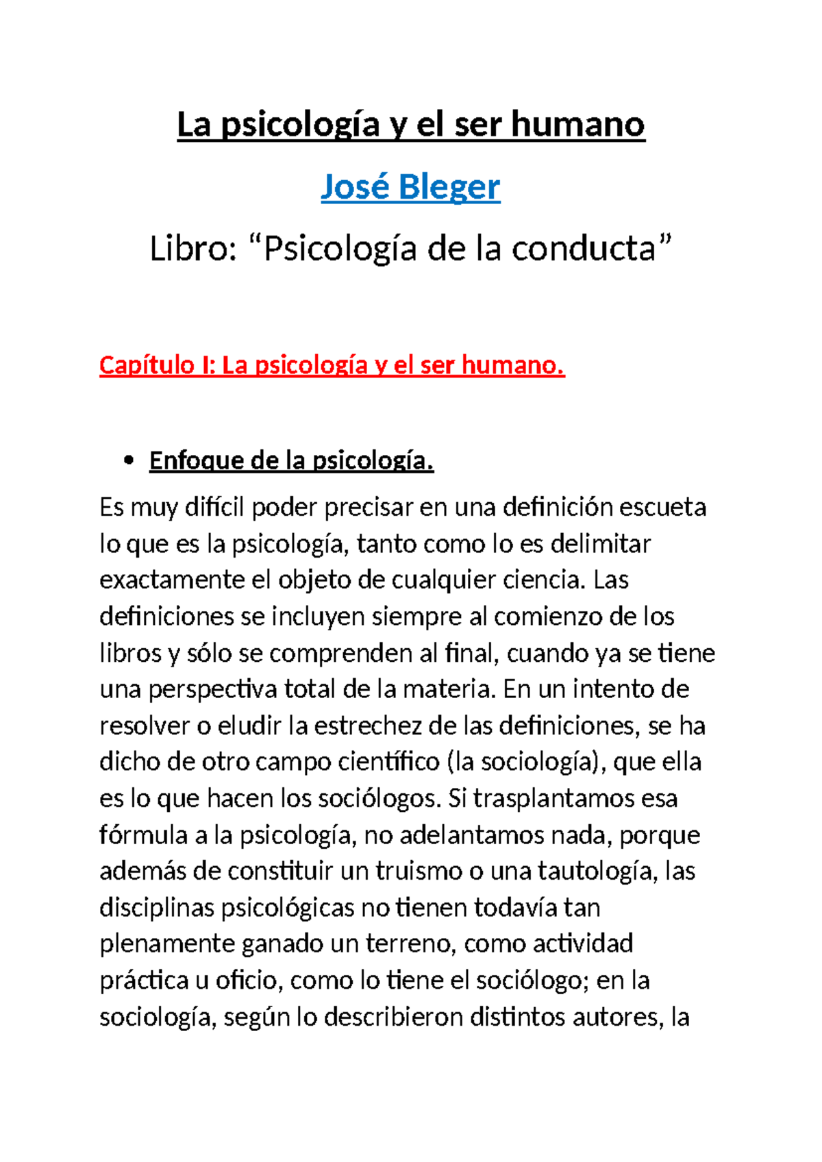 La psicología y el ser humano: Análisis crítico de José Bleger - Studocu